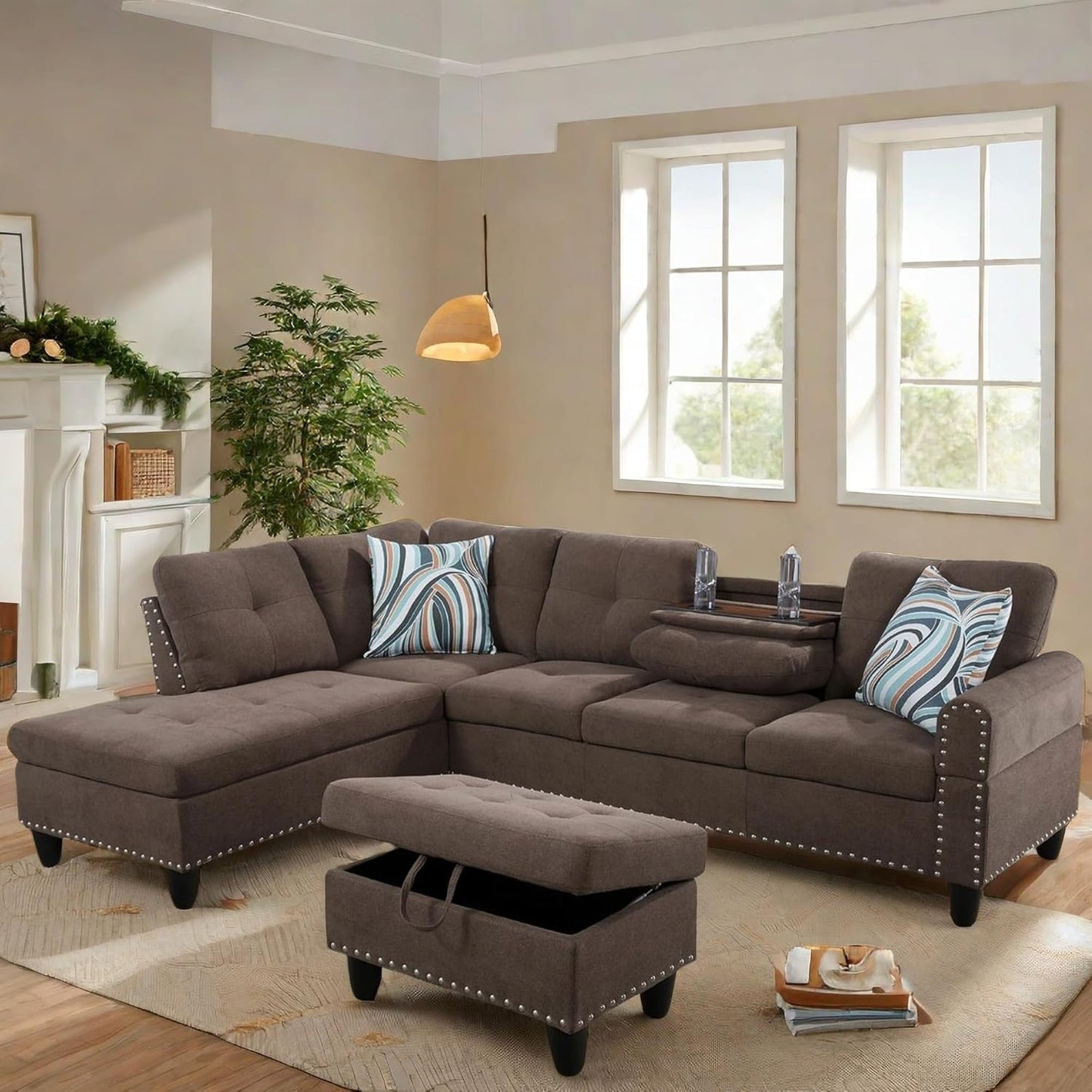 L Shaped Sectional Couch with Otttoman, 97" Sectional Sofa for Living Room Flannel Modular Couches with Cup Holders for Bedroom, Apartments, Brown