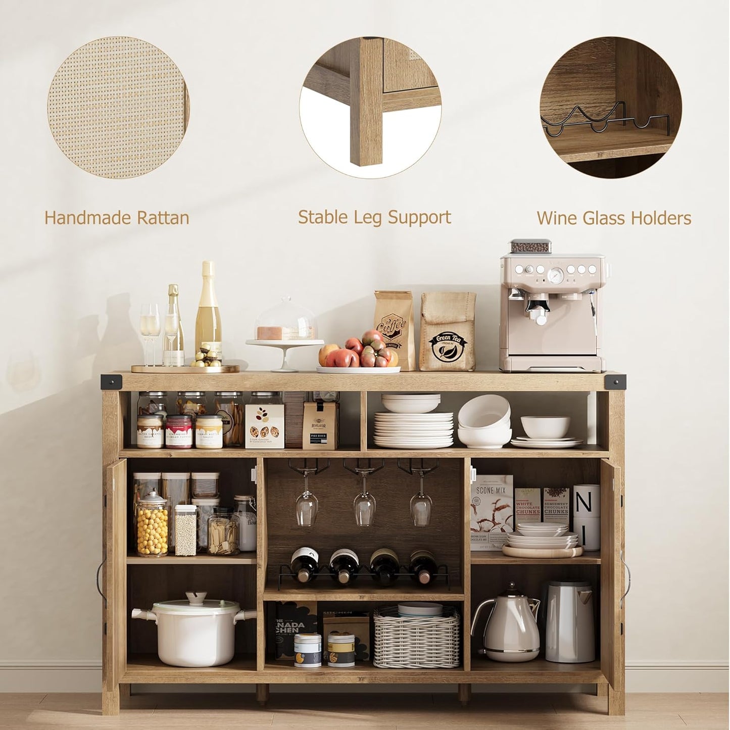 IDEALHOUSE Rattan Buffet Cabinet with Storage, Rattan Wine Bar Cabinet, Sideboard with Glass Holder, Adjustable Shelves, Coffee Bar Cabinet for Living Room Dining Room Hallway, Natural