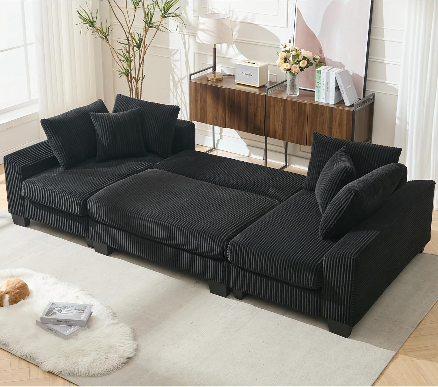 Symmetrical U Shaped Sectional Sofa Convertible Pull Out Sleeper Sofabed with Double Chaise Daybed , Corduroy Upholstered U Shaped Lounge Sofa Couch Bed w/ Throw Pillows for Living Room Apartment