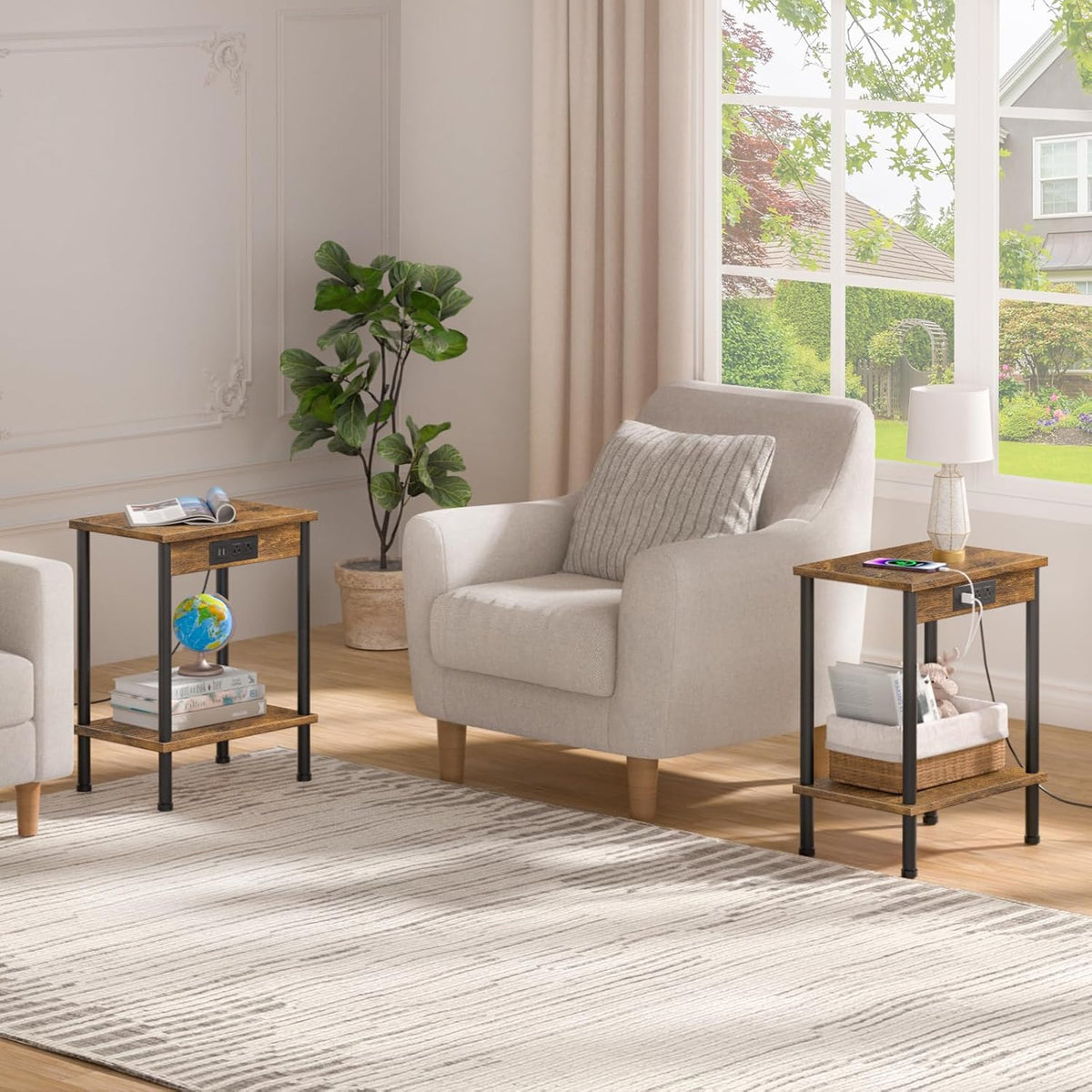 End Table with Charging Station,Small Side Table,2-Tier Nightstand with Storage Shelf,Sofa Bedside Table for Small Spaces in Living Room,Bedroom,Office,Easy Assembly,Rustic Brown