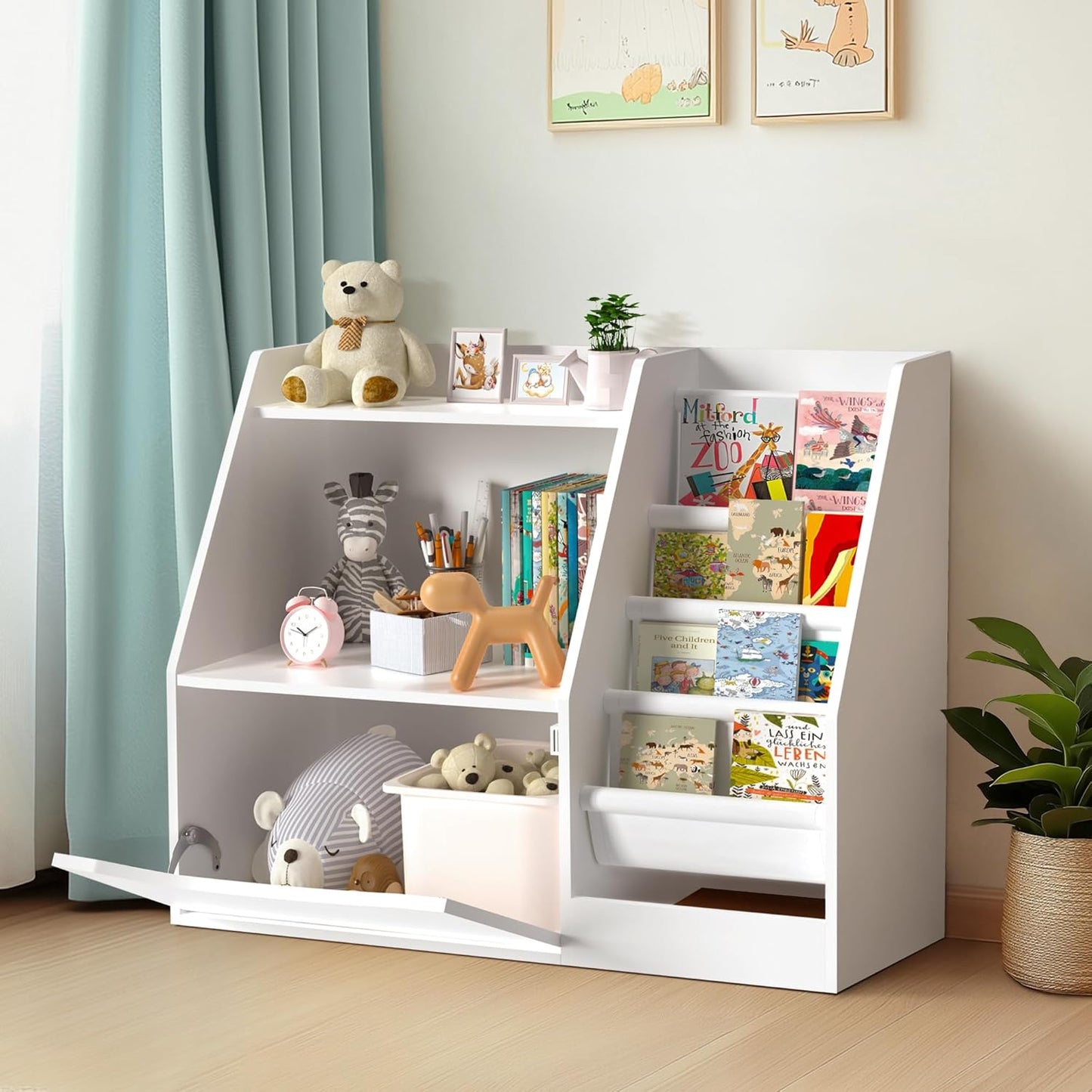TOETOL 2 Tier Kids Bookshelf and Book Storage，4 Sling Toddler Bookshelf, Storage Boxes Book Shelf & Organizer for Nursery Playroom Classroom Library Bedroom White
