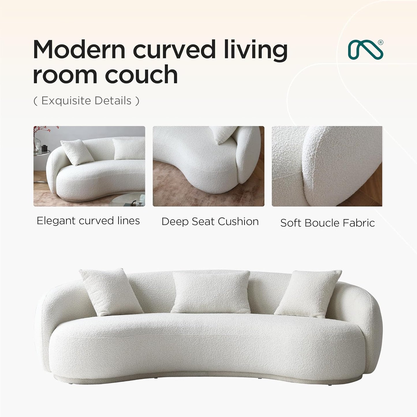Acanva Mid Century Modern Curved Living Room Sofa, 4-Seat Boucle Fabric Couch for Bedroom, Office, Apartment, White