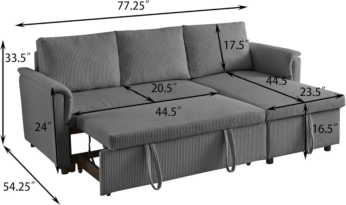 Ball & Cast Reversible Sectional Sofa Couch,L-Shape Sleeper Sofa Bed with Storage Chaise Pull Out Couch for Living Room | Hidden Storage | Pull Out Bed | Removable Backrest | Corduroy Fabric,Gray