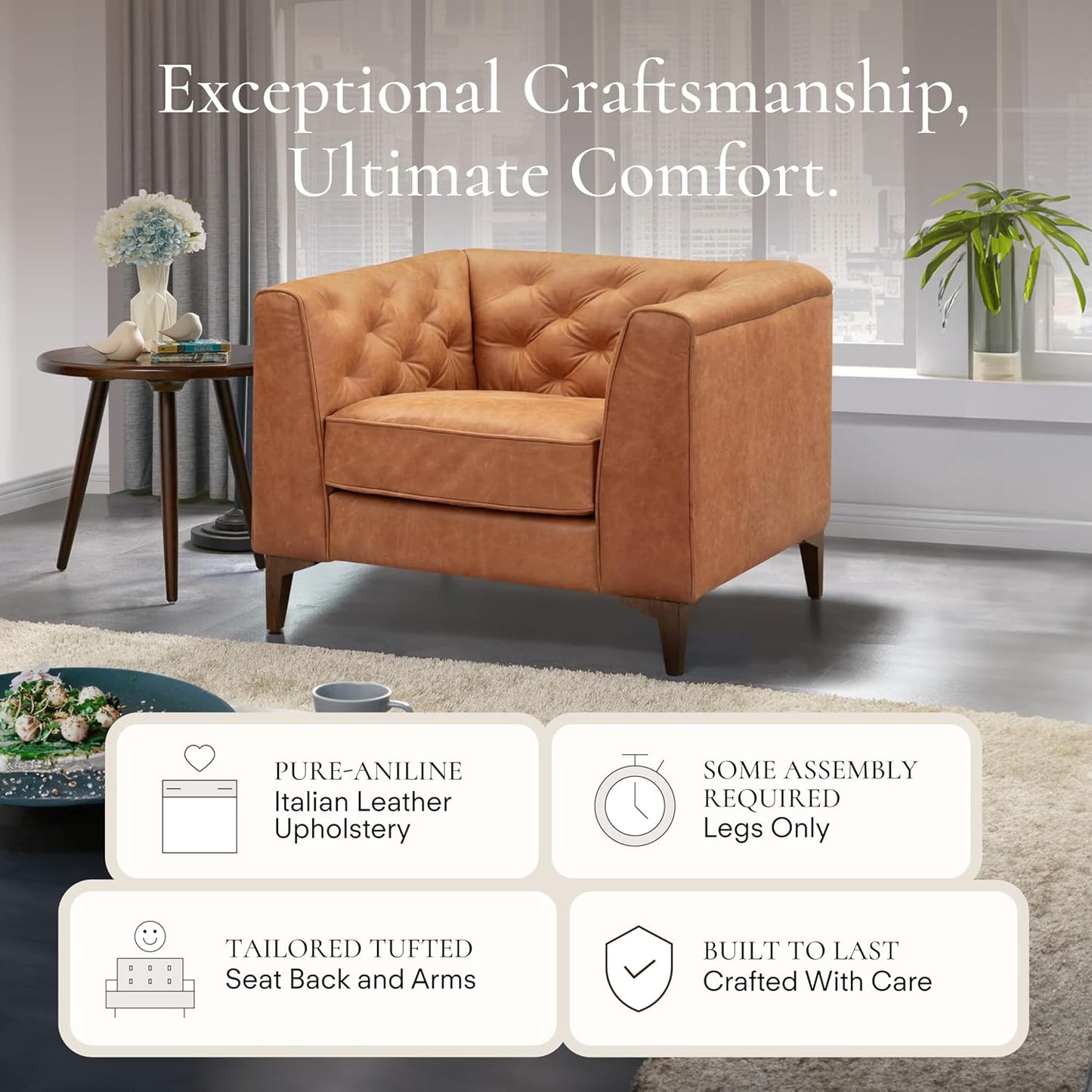 Poly & Bark Essex Lounge Chair - Leather Chair with Tufted Back - Full-Grain Living Room Armchair with Feather-Down Topper - Vintage Italian Leather in Cognac Tan - Set of 2