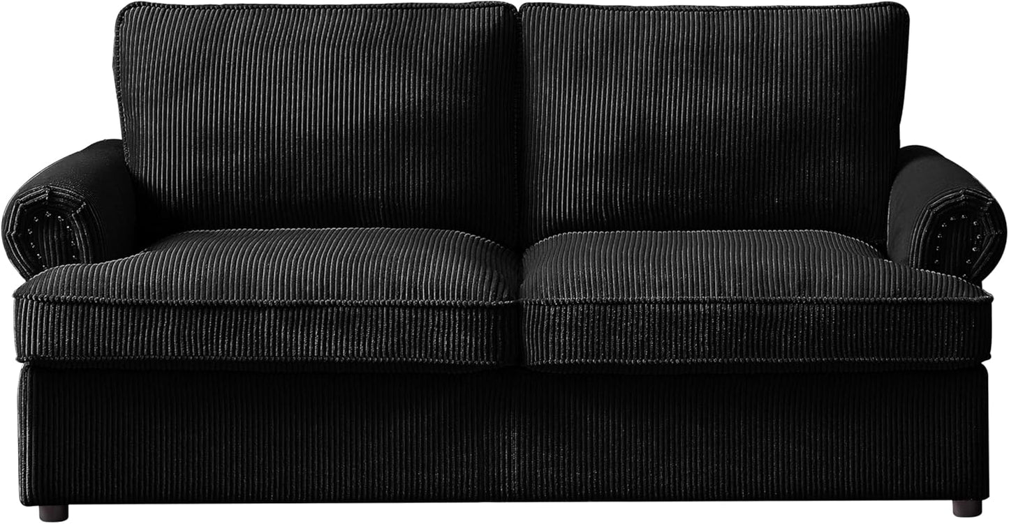 Reversible Sleeper Sofa Bed with Comfortable Memory Foam Mattress, Convertible Corduroy Full Size Pull Out Couch for Living Room, Space Saving Furniture, 72" Wide, Rounded Arms, Black