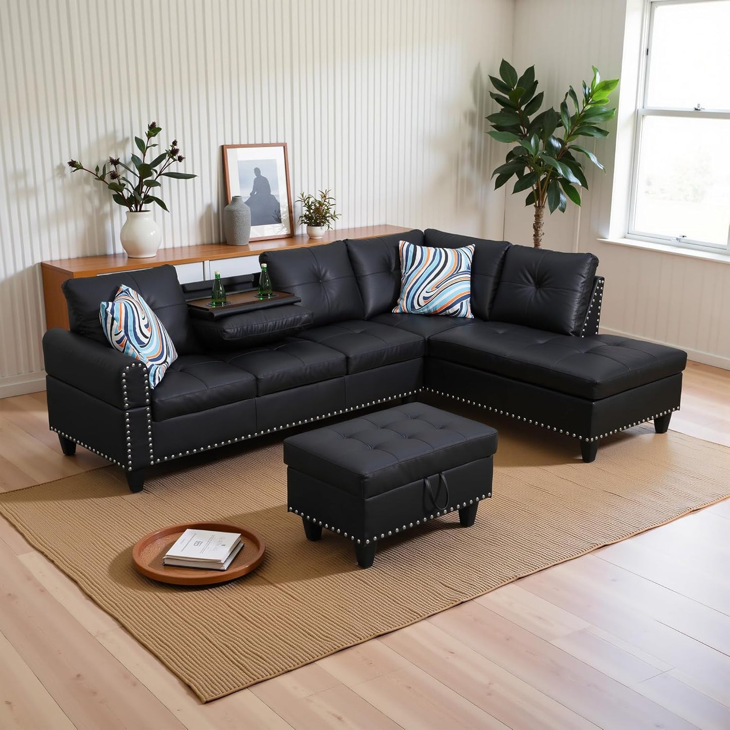 Osparple L Shaped Couch Faux Leather Sectional Couch Upholstered 3 Pieces Sofas for Living Room with Chaise, Ottoman with Storage for Office and Small Apartment, Graceful Black