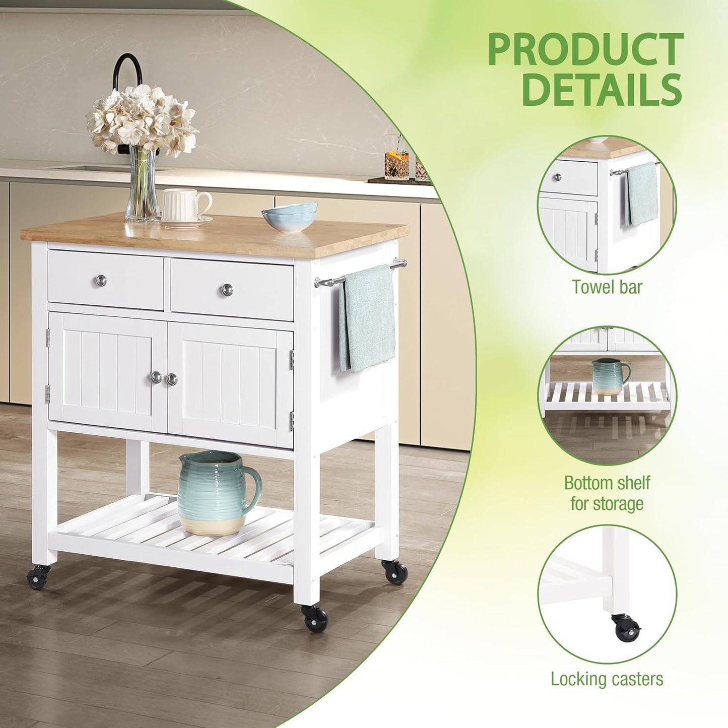 OSP Home Furnishings Stirling Farmhouse Kitchen Cart, Rolling Storage Cabinet with Drawers, Shelf, 5 Utility Hooks, White with Wood Top