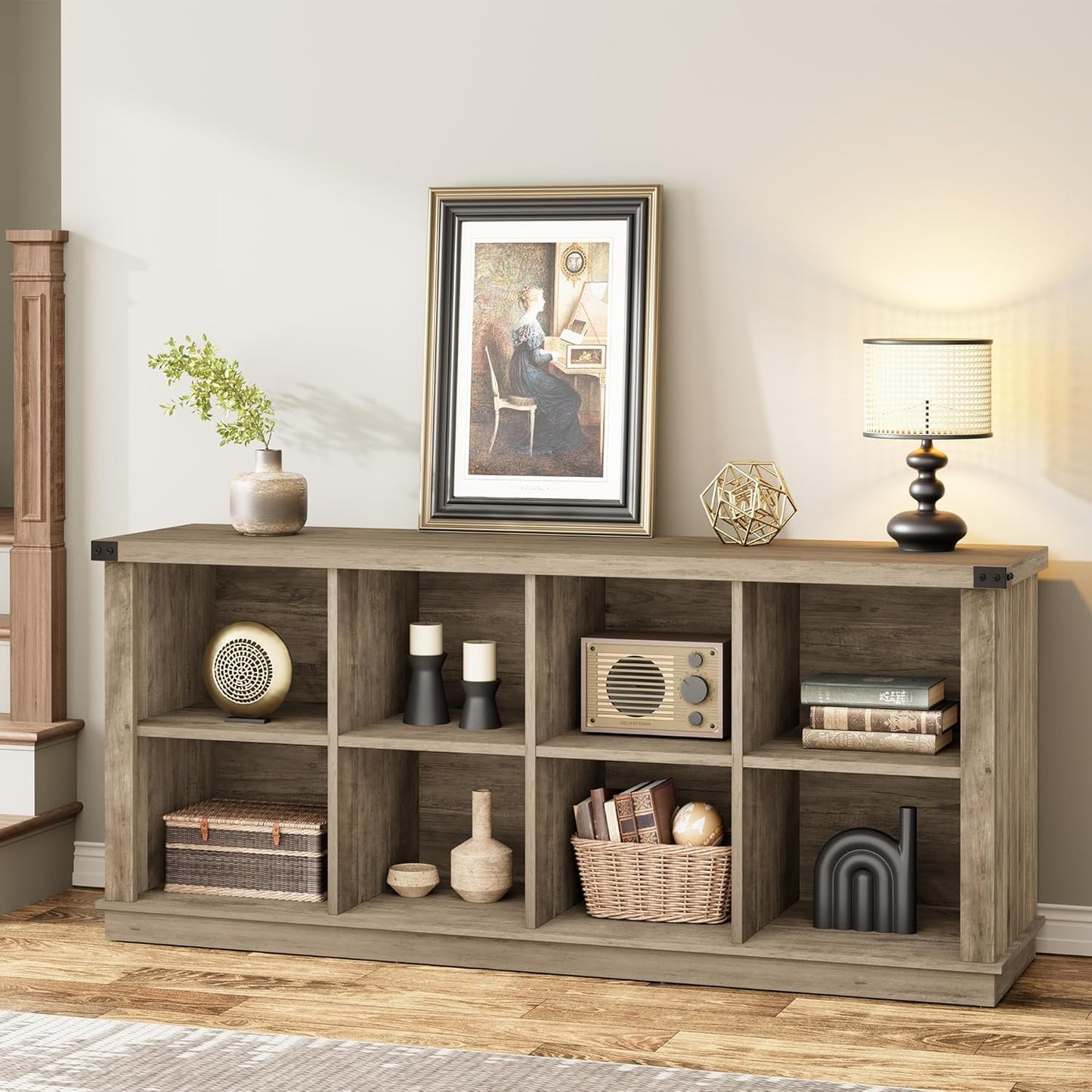 GarveeHome 8 Cube Storage Organizer Bookshelf, Farmhouse Horizontal Bookcase, 62 Inch Wood Storage Bookcase for Entryway, Long Low Bookshelves for Living Room (Grey, 8 Cube)