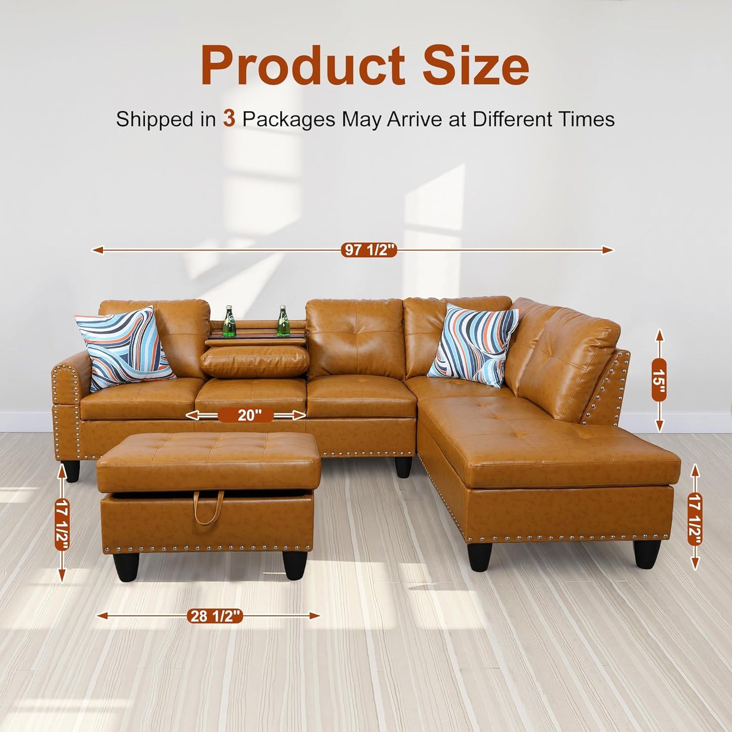 Osparple L Shaped Couch PU Leather Sectional Couch Upholstered 3 Pieces Sofas for Living Room with Chaise, Ottoman with Storage for Office and Small Apartment, Ginger