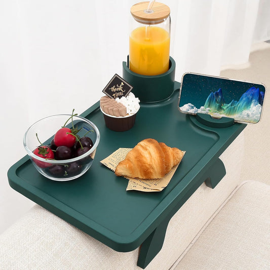 Nnewvante Couch Arm Table,3 in 1 Large 15.36"x9.85" Bamboo Sofa Arm Clip on TV Tray Table with 360°Rotated Phone/Cup Holder, Dark Green