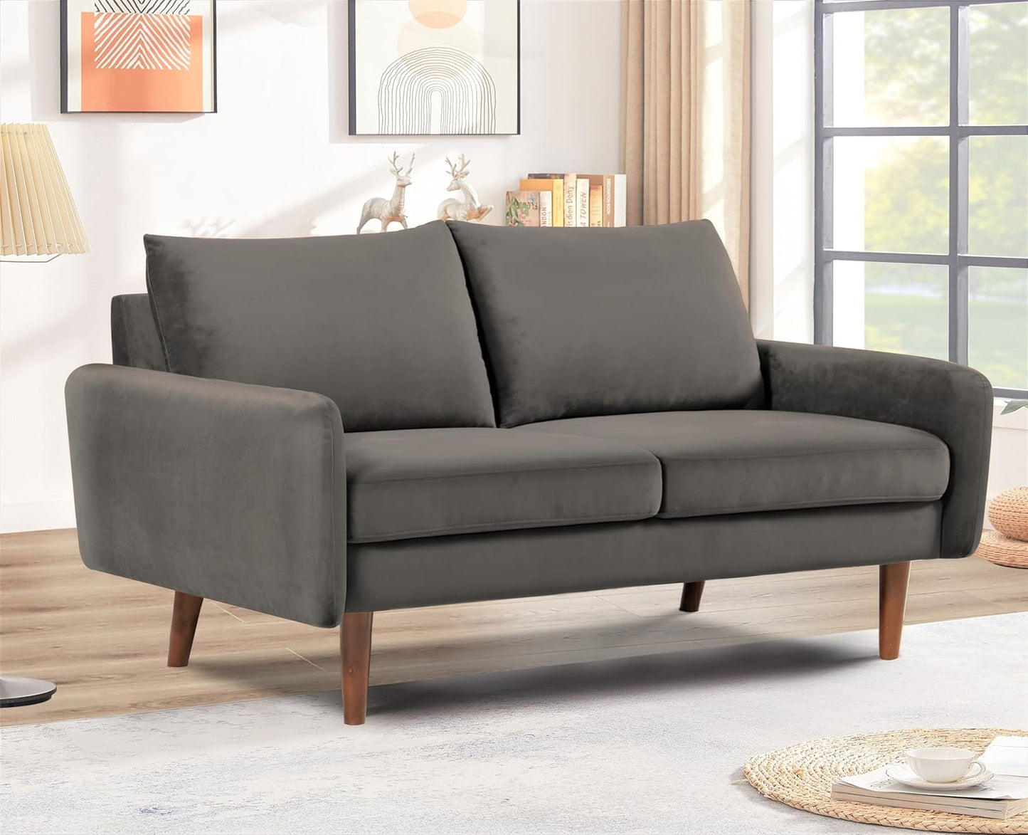 Container Furniture Direct Kent Velvet Loveseat Sofa for Modern Living Rooms and Compact Spaces, Comfy 2 Seater Couch Studio Apartment Furniture with Sleek Design, Grey