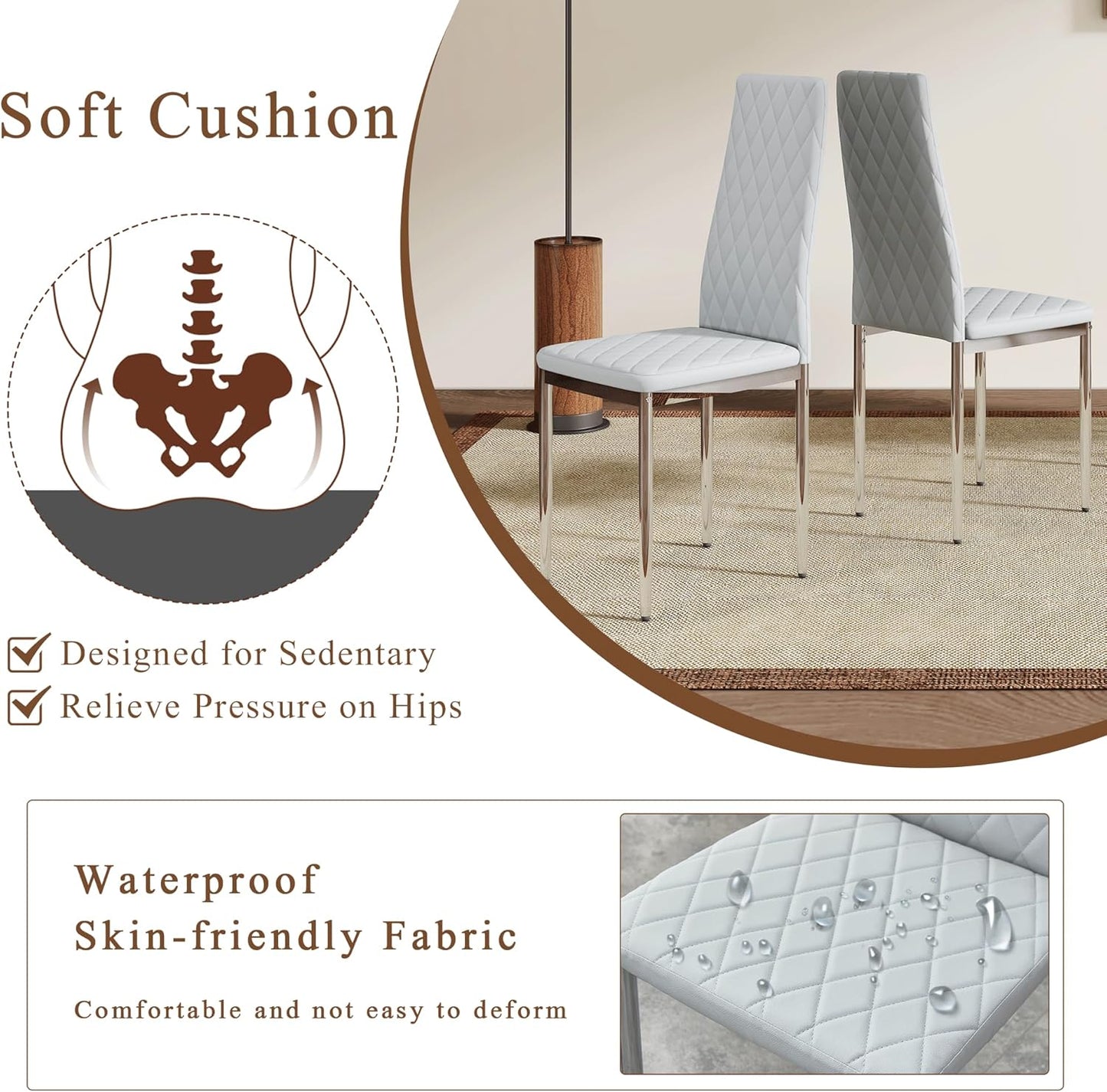 JT Modern Minimalist Dining Chair Fireproof Leather Sprayed Metal Pipe Diamond Grid Pattern Restaurant Home Conference Chair Set of 4 Or 6 (4, Gray Brown)