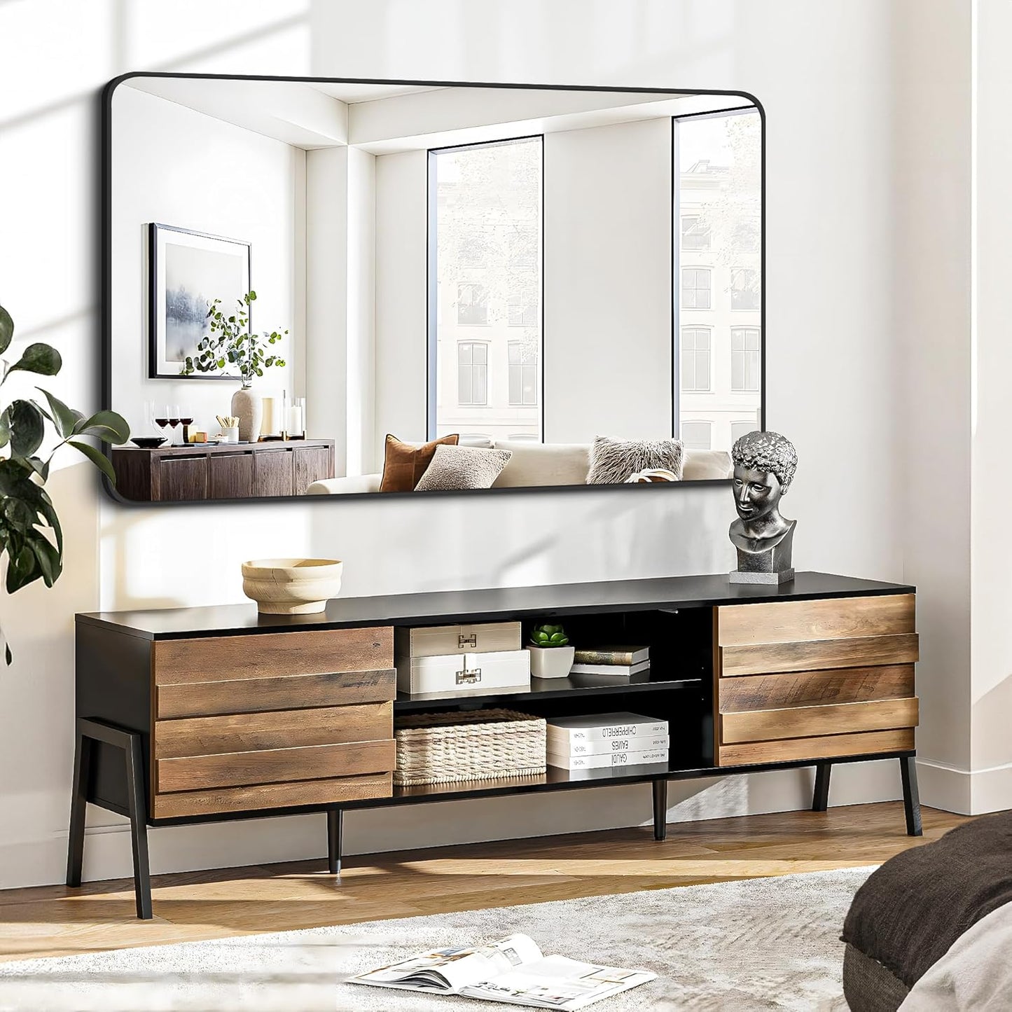 FORBATH Black Bathroom Mirror, Rectangular Vanity Mirror 30 x 48 Inch Wall Rounded Corner Metal Framed Bathroom Mirror for Living Room Bedroom Entryway Decor (Horizontal/Vertical)