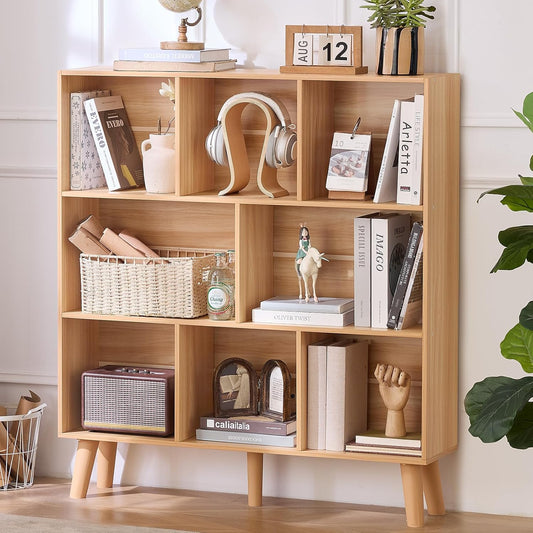 LEYAOYAO Wooden 8 Cube Book Shelf, Natural 3 Tier Bookshelf with Legs, Modern Open Storage Organizer,Boho Bookcase,Display Cabinet Shelf Free Standing Bookshelves for Bedroom,Living Room,Office