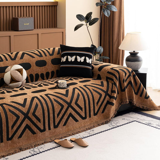 HANDONTIME Boho Couch Cover Geometric Striped Pet Covers for Couches and Sofas Copper Brown and Black Dog Cover for Couch Pet Friendly Chenille Sectional Sofa Covers for Pets Washable, 71" X 150"