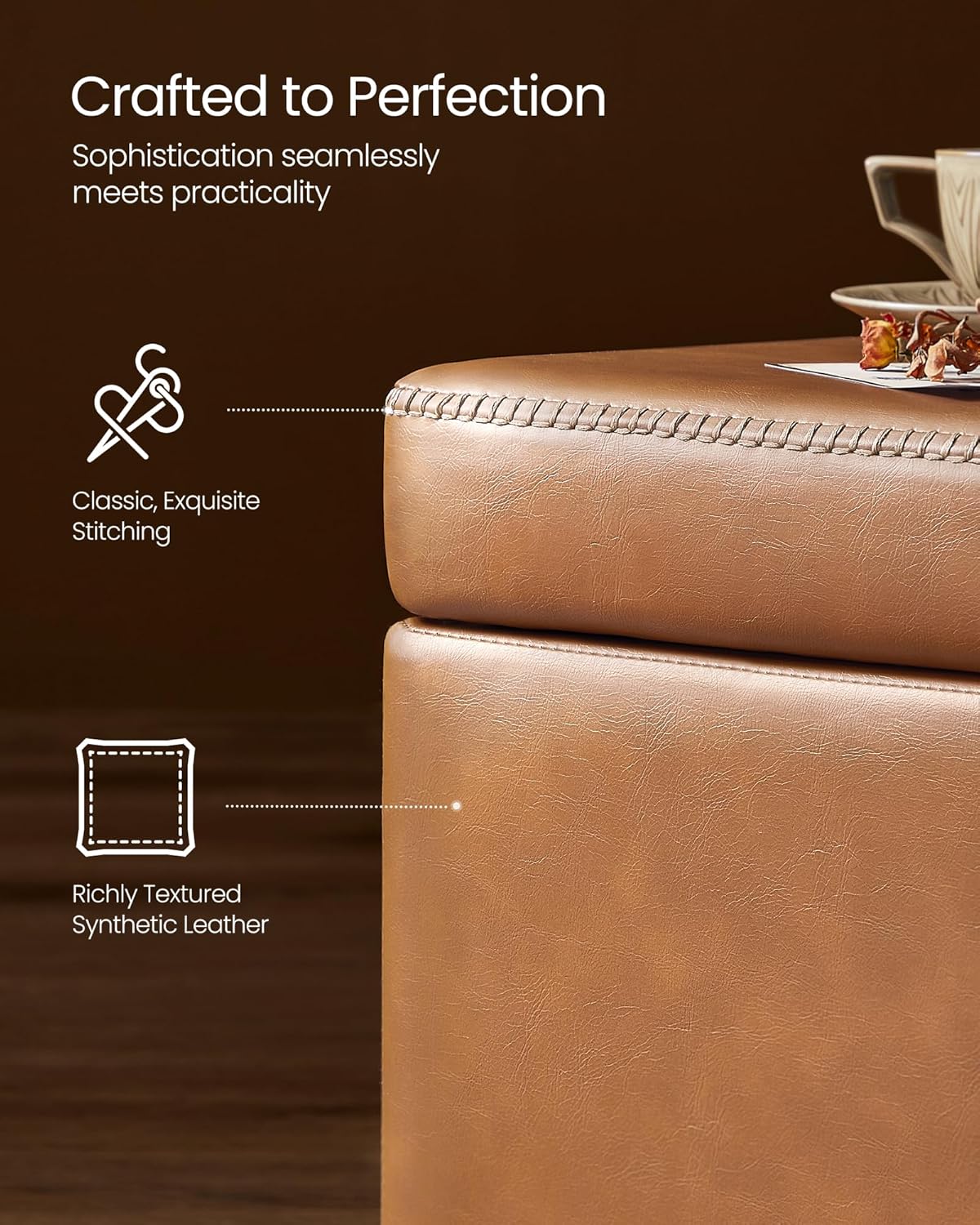 VASAGLE EKHO Collection - Storage Ottoman Bench, Entryway Bedroom Bench, 25 Gallons, Synthetic Leather with Stitching, Mid-Century Modern, Safety Hinges, Loads 660 lb, Caramel Brown ULOM075K01