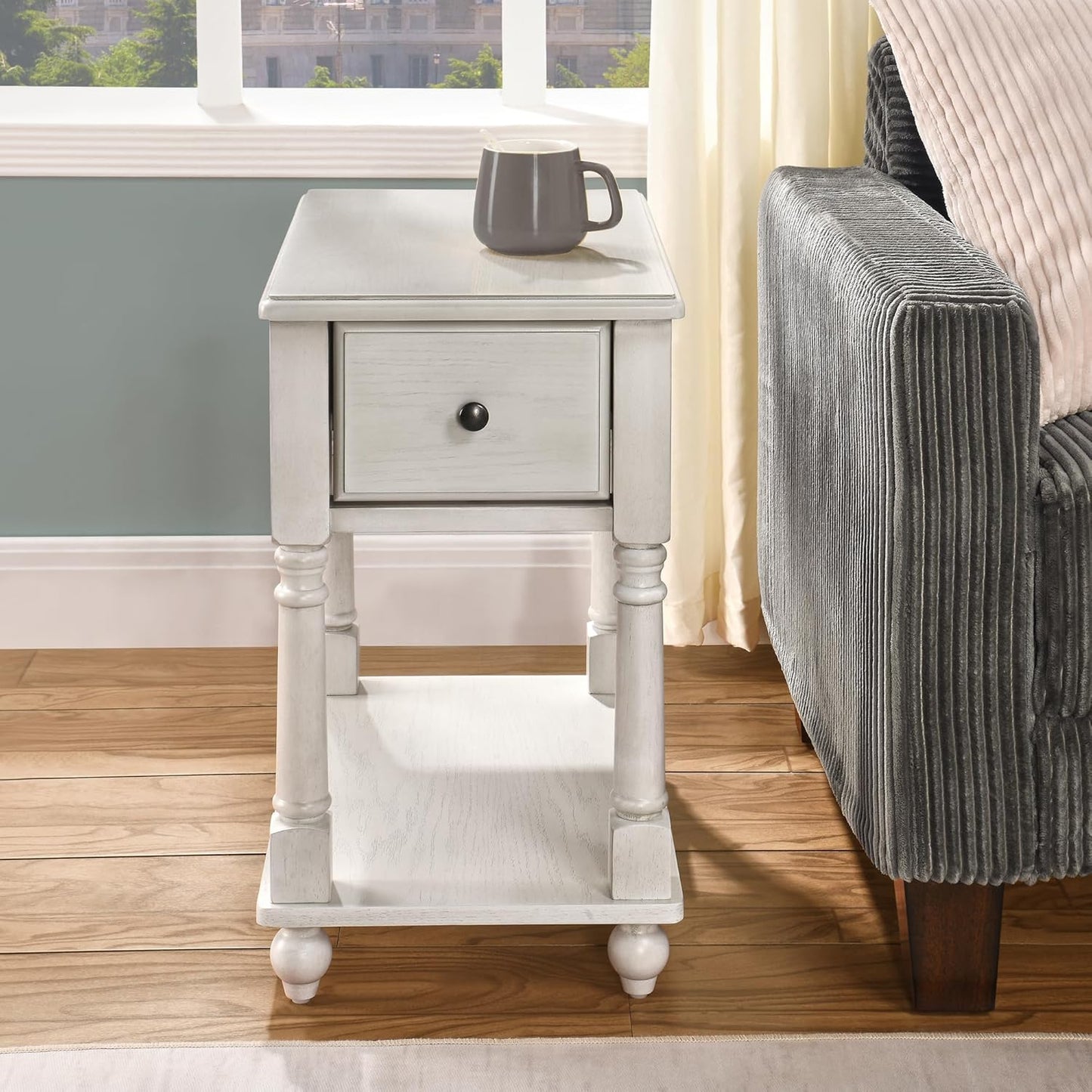 LEEMTORIG Solid Wood End Table Narrow Side Table with Drawer, Cherry Wood End Table Living Room, 13" W Slim Bedside Table Small Nightstand, 22" D x 22.7" H, No-Tools Assembly, Gray White BBJ-004-RW
