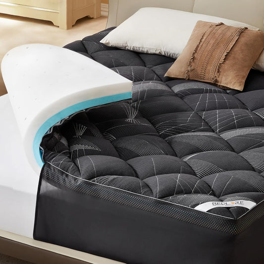 Bedlore 4-Inch California King Mattress Topper for Back Pain - Dual Layer Medium Support (2" Gel Memory Foam + 2" Cooling Fluffy Pillow Top Pad), Breathable & Pressure Relief (Gray)