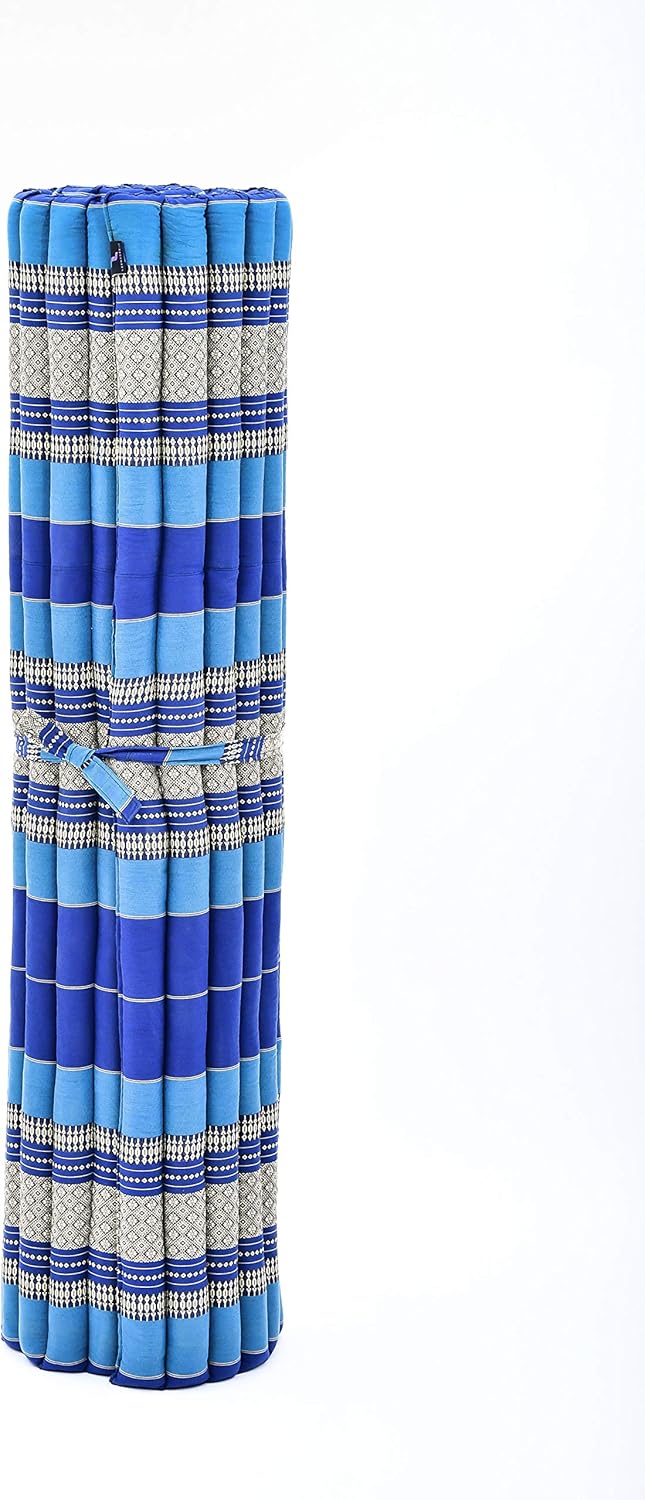 Leewadee - Foldable Floor Mattress - Japanese Roll Up Futon -Trifold Tatami Mat- Guest Floor Bed - Camping Mattress - Thai Massage Mat, Kapok Filled, 75 x 57 inches, Blue