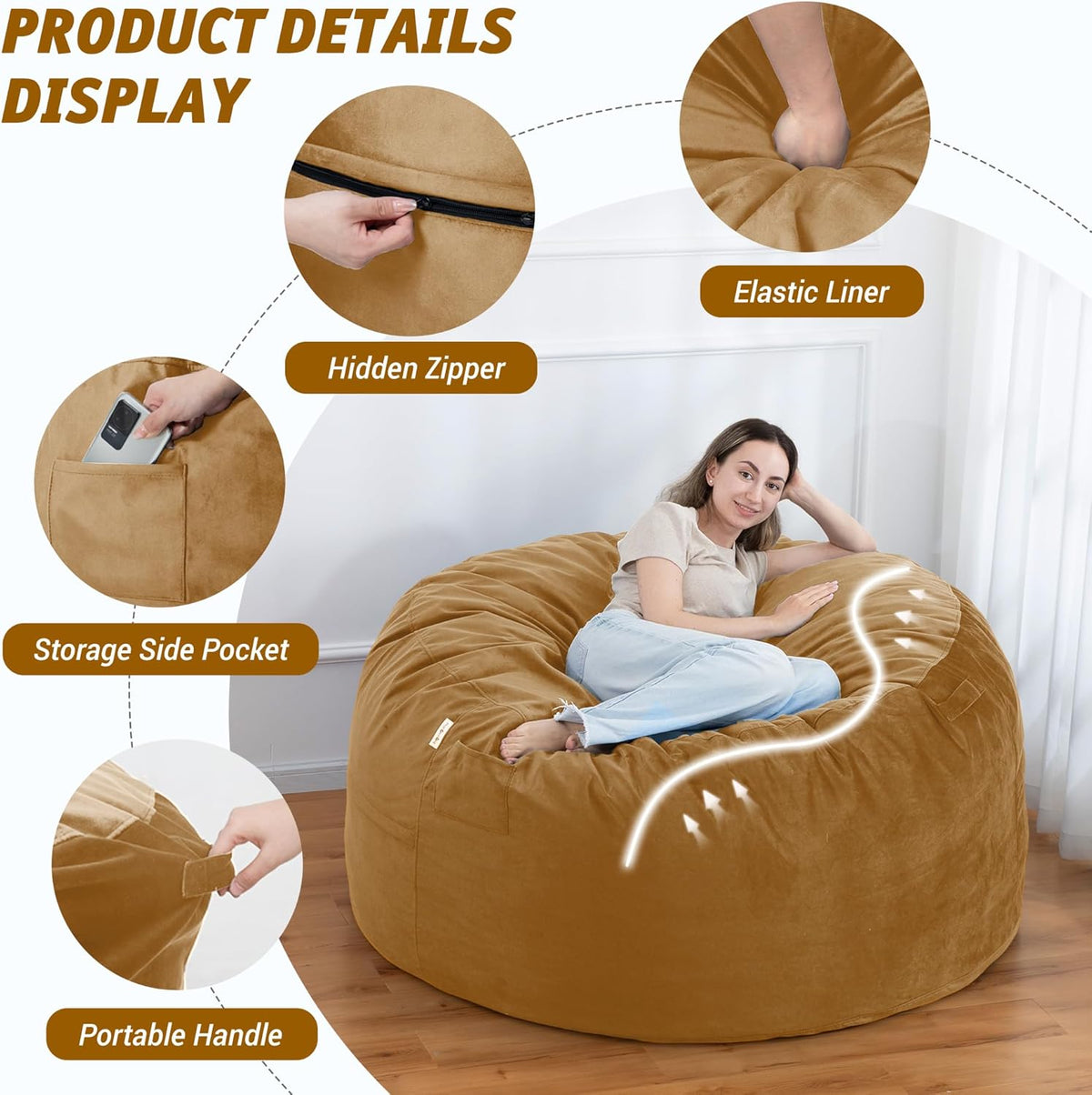 5FT Bean Bag Chair with Ultra Soft Velvet Cover Bean Bag Sofa with Memory Foam Bean Bag Chairs with Large Size Lazy Sofa for Dorm Office Living Room Bedroom Camel 5'