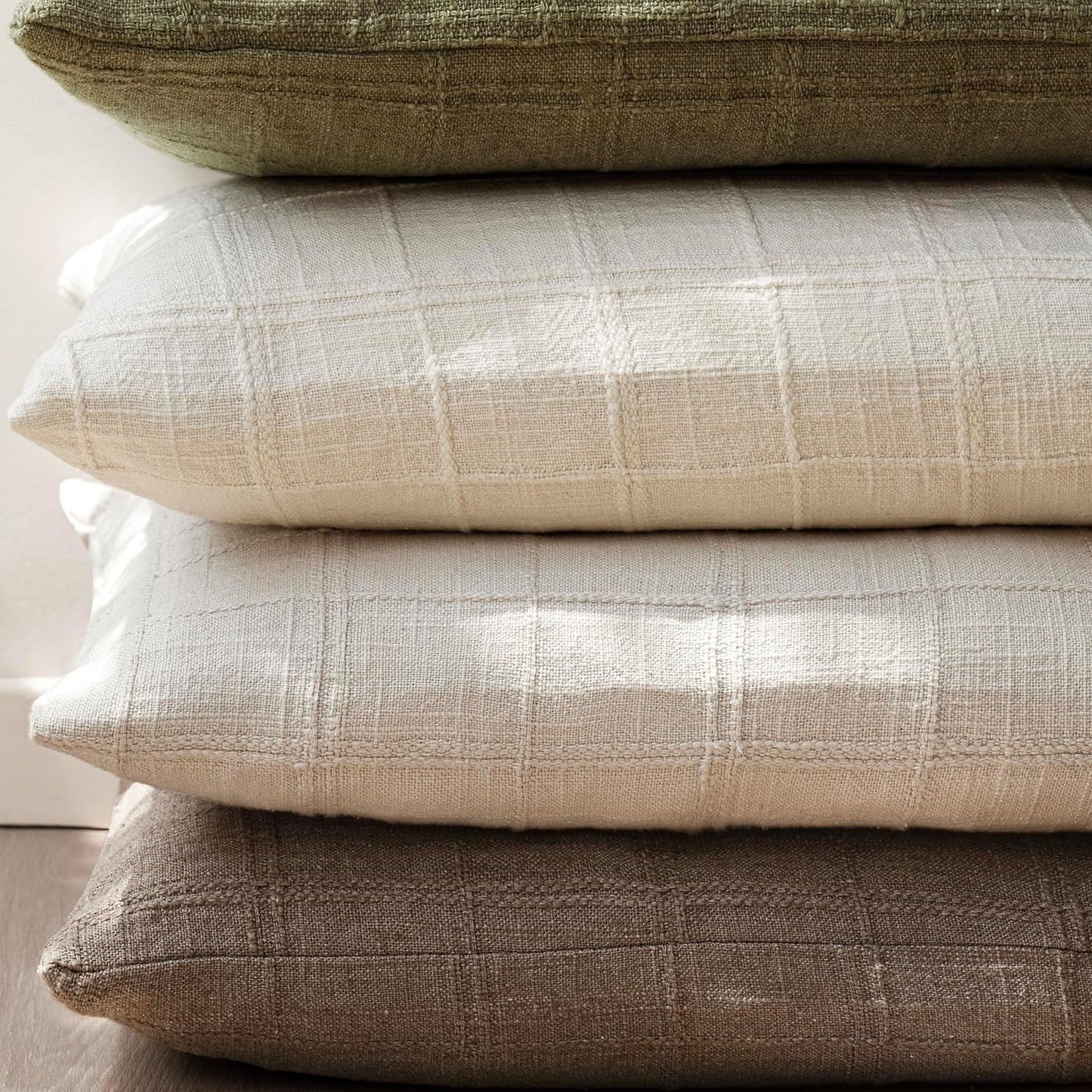 Foindtower Set of 2 Decorative Linen Check Throw Pillow Covers Neutral Farmhouse Vintage Cushion Covers Modern Boho Home Decor for Sofa Chair Couch Bedroom Living Room Outdoor,24×24 Inch,Taupe Grey