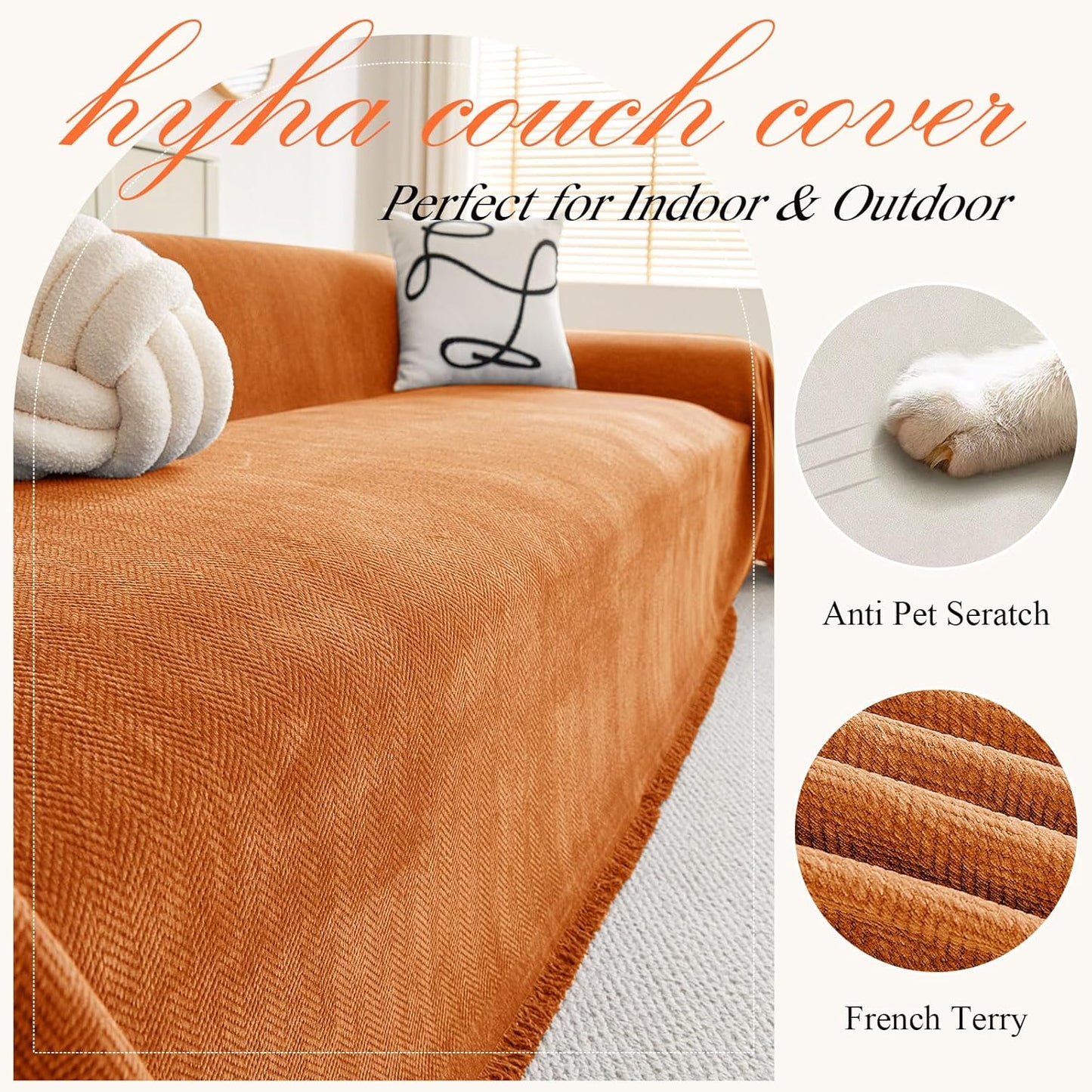 hyha Couch Cover for Dogs, Boho Sofa Covers for 3 Cushion Couch Washable, Chenille Sofa Slipcover for Pets, Soft Loveseat Sectional Couch Throw Blankets with Tassels (Orange, 88.5x134 Inch)