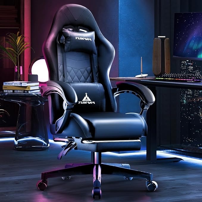 Gaming Chair,Ergonomic Massage Computer Office Desk Chair with Footrest,Pocket Spring Cushion,Reclining Leather Adjustable Gamer Chair with Headrest and Lumbar Support,Black
