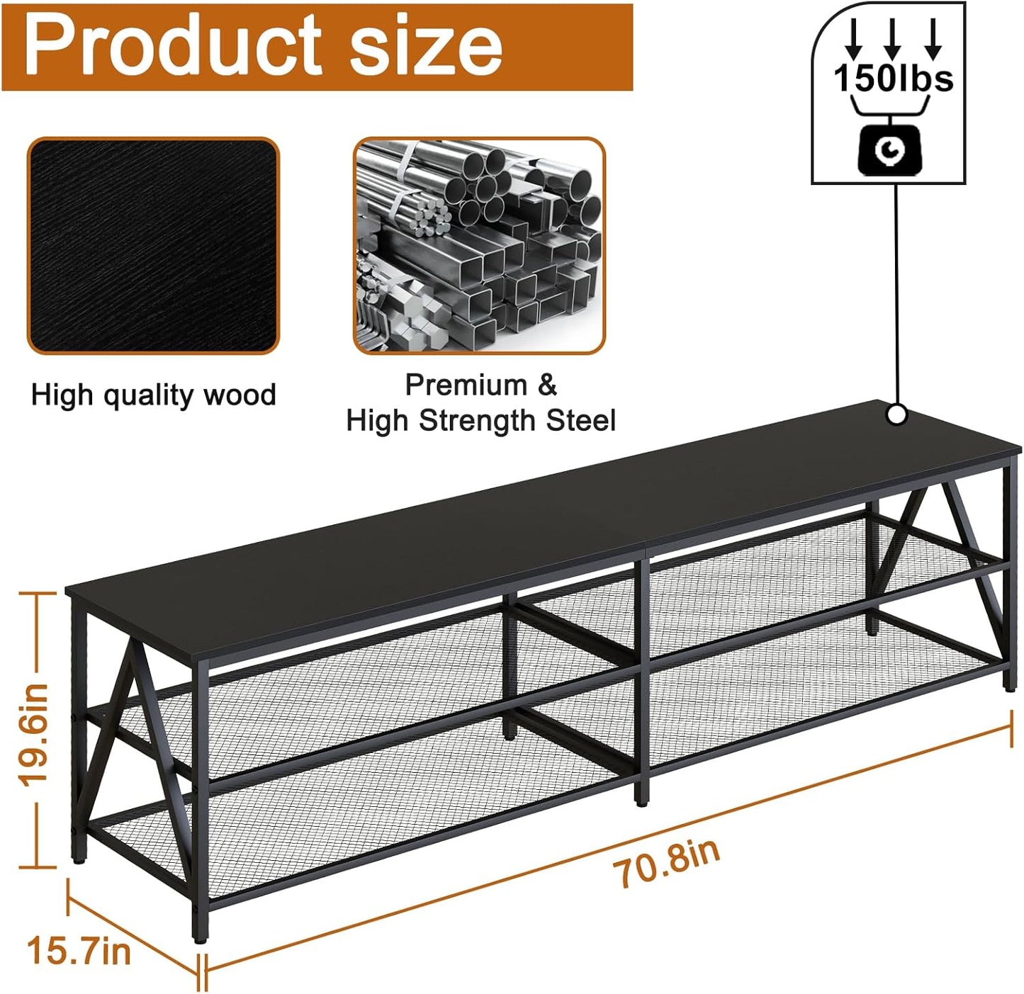 TV Stand for TVs up to 75 Inch, 70" Long Industrial TV Console Table with 3-Tier Storage Shelves, Entertainment Center for Living Room, Bedroom (Black)