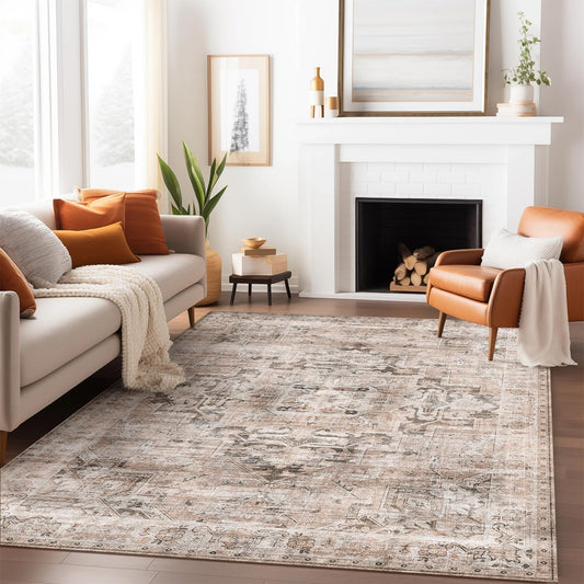 GENIMO 10x14 Area Rugs for Living Room, Machine Washable Non Slip Vintage Retro Rugs, Low Pile Lightweight Thin Print Rug for Bedroom, Dining Room, Home Office, Brownishi Drab
