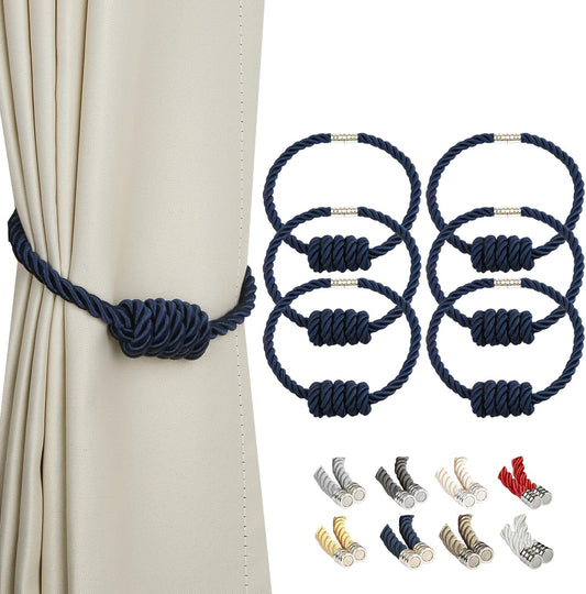 BEL AVENIR Magnetic Curtain Tiebacks, Decorative Drapery Holdbacks Modern Woven Tie-Backs with Exquisite Knot (Navy, 6 Pack)