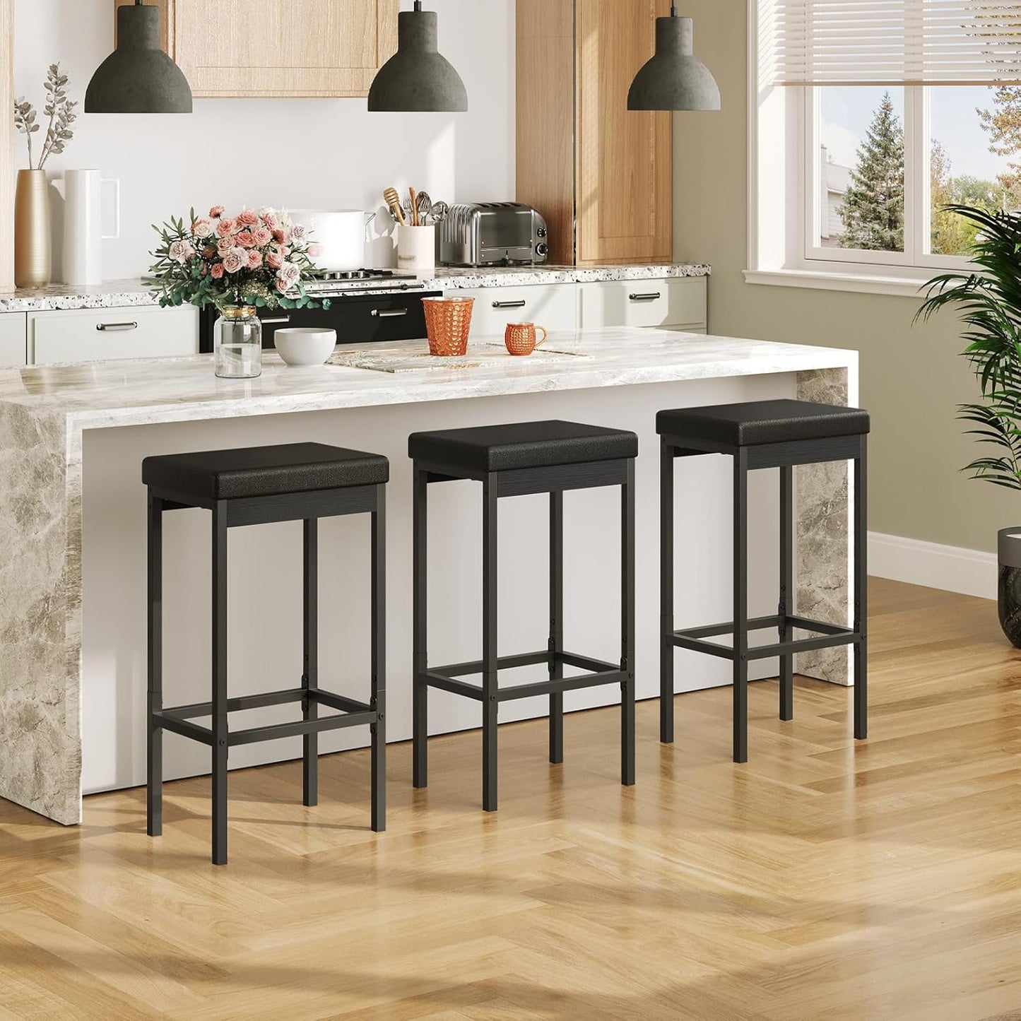 HOOBRO Bar Stools, Set of 3 Modern Black Rectangular Bar Chairs, 24.8-Inch Height, 2" Thick Upholstered Seat with High-Density Sponge, for Kitchen, Dining Room, Cafe, Bar Counter