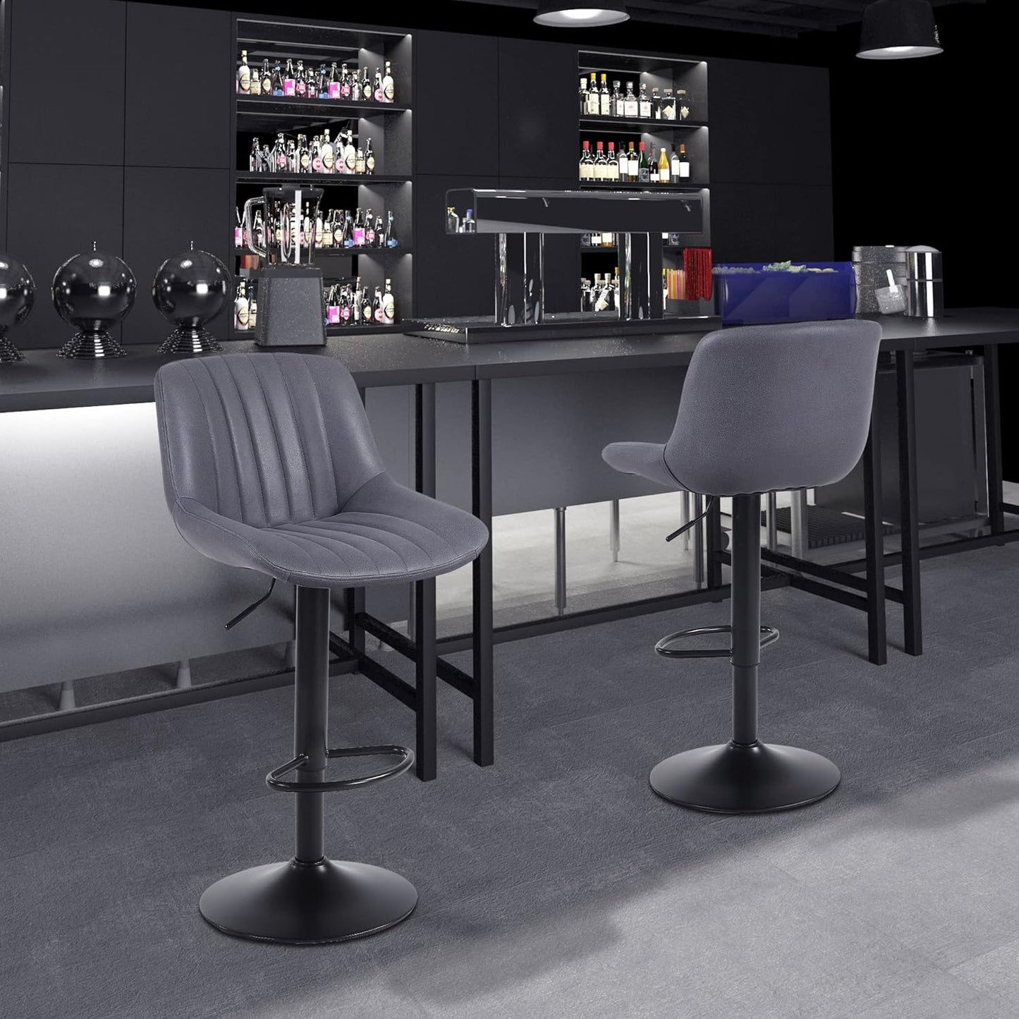 Bar Stools Set of 2, Swivel Counter Height Barstools with Back, Adjustable PU Leather Bar Chairs, Modern Armless Kitchen Island Stool, Dark Grey