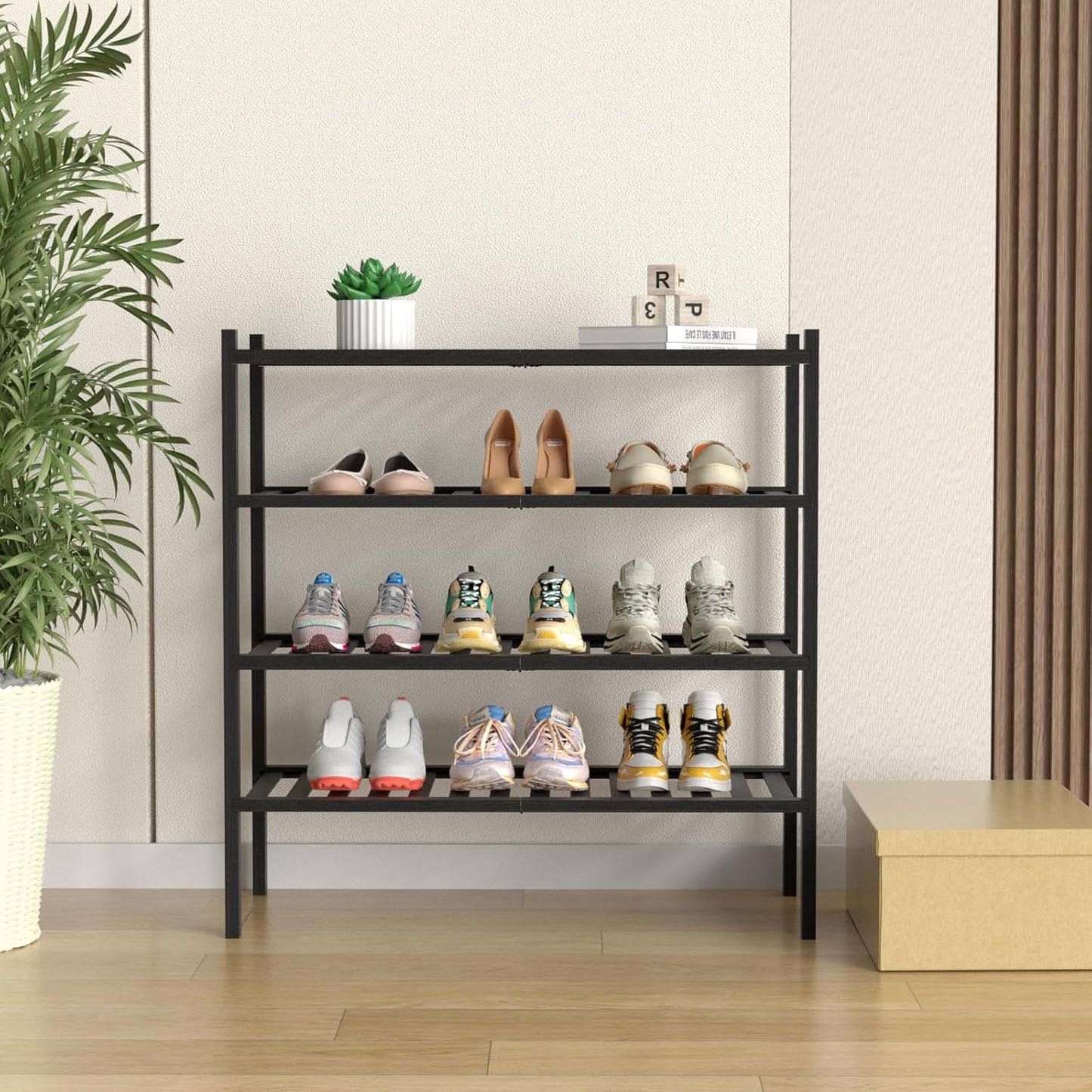 4 Tier Bamboo Shoe Rack for Closet Free Standing Wood Shoe Shelf for Entryway Small Space Stackable 27"x11"x26" (Black)