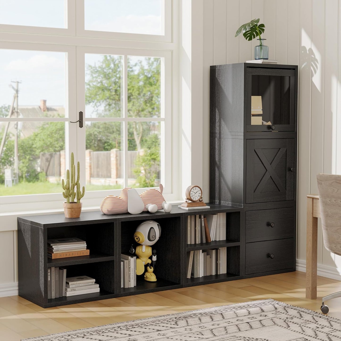 FUSUNBAO Magic DIY Cube Storage Organizer Stackable Cubes for Home Books Clothes Toy-Modular Cubby Storage System-Office Cubical-Bookcase Closet(Black,Cat Door Cube)