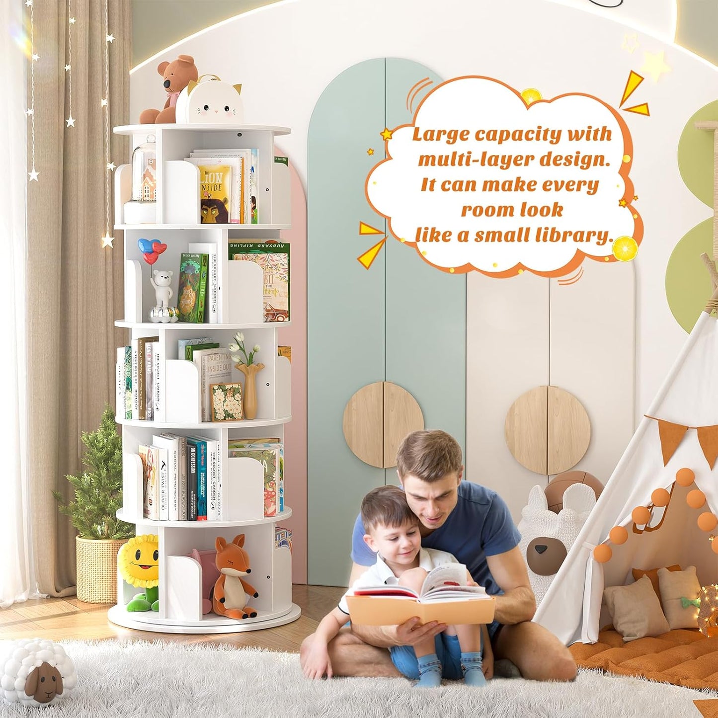 Aheaplus Rotating Bookshelf, 360 Display Wood Spinning Bookshelf Tower, 5 Tier Floor Standing Bookcase Storage Rack, Revolving Bookcase Corner Bookshelfs for Small Space, Bedroom, Study Room, White