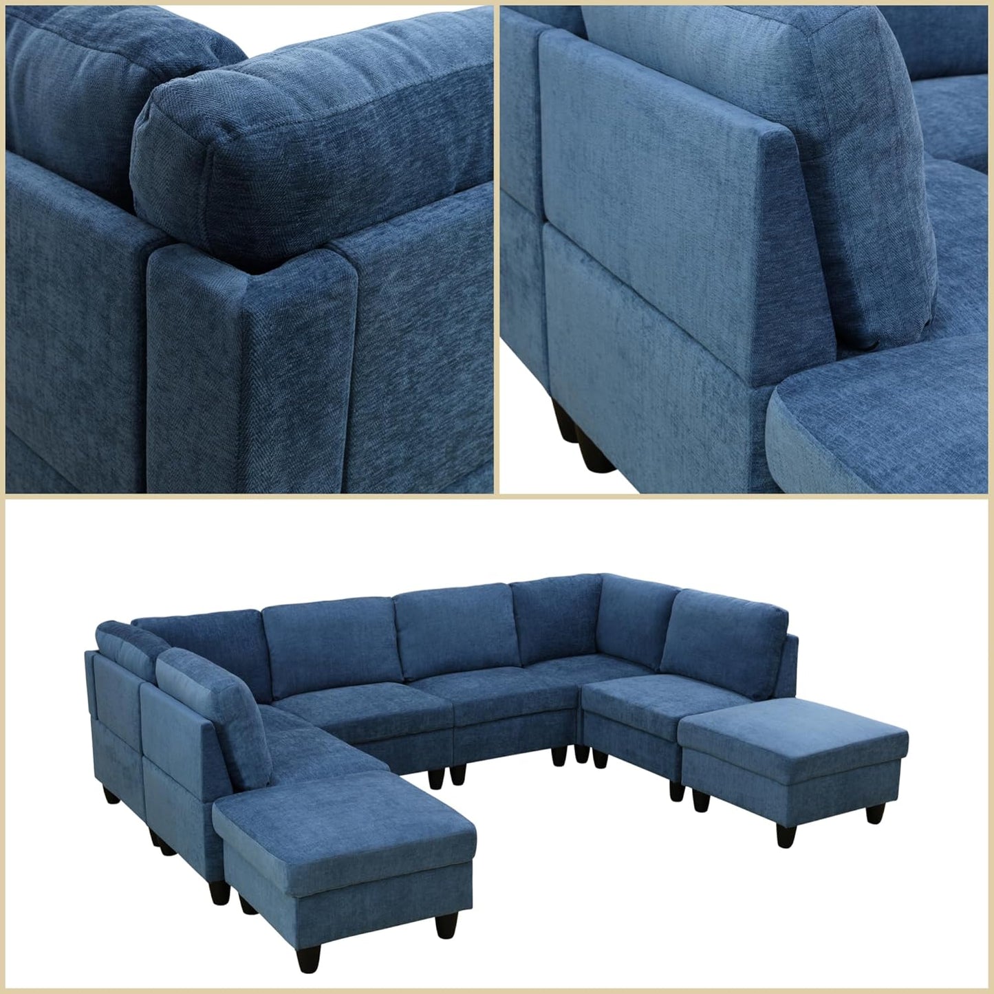 U Shaped Sectional Couch, Convertible Modular Sectional Sofa with Ottomans, 8 Seat Comfy Corner U Shaped Couch Lounge Modern Modular Couches for Living Room Apartment, Blue