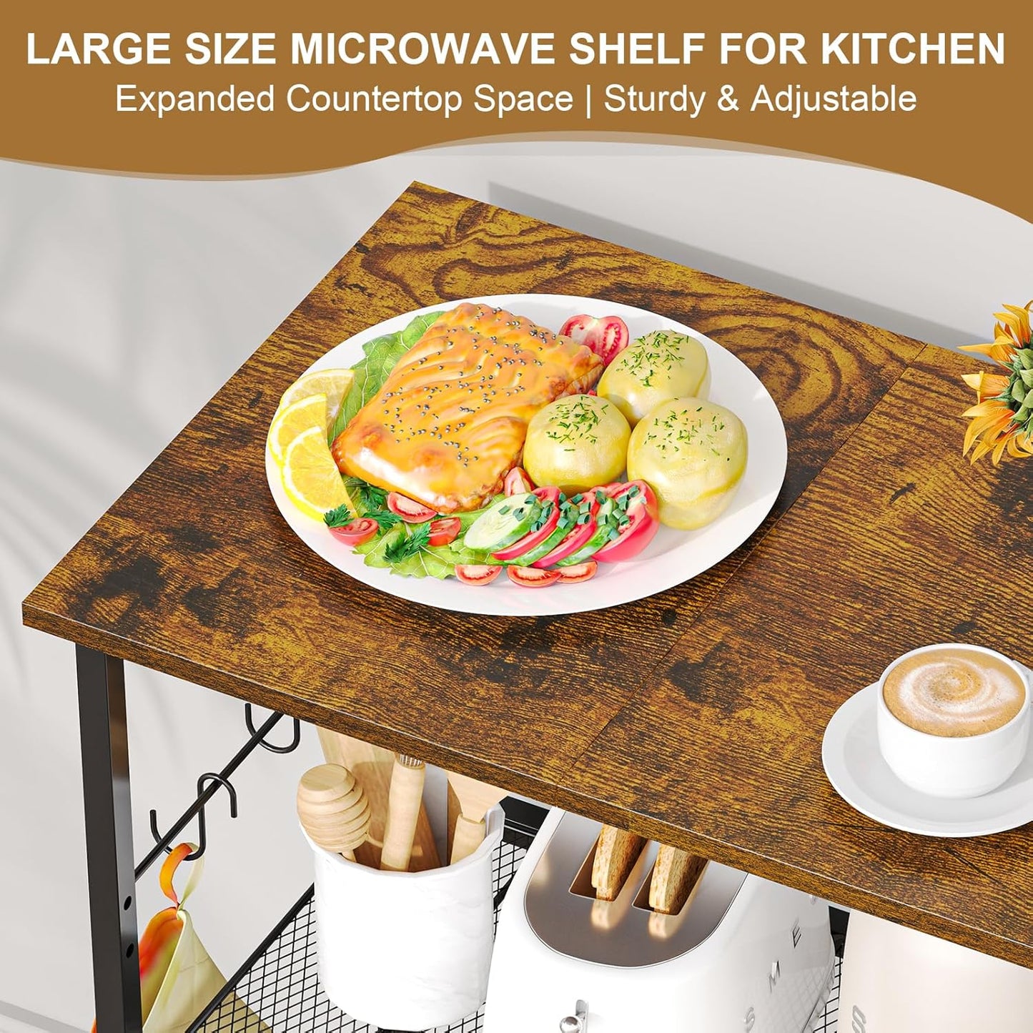 Rolling Kitchen Microwave Stand, 3-Tier Microwave Cart Table with Wood Top and Wire Basket, Coffee Bar Table on Lockable Wheels, Small Baker’s Rack Shelf Organizer for Kitchen, Dining Room, Office