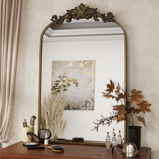Vintage Arched Bathroom Mirror, 26x38 Inch Retro Wall Mounted Vanity Mirror with Carved Pattern Top and Metal Frame, Antique Decorative Mirror for Hanging or Leaning