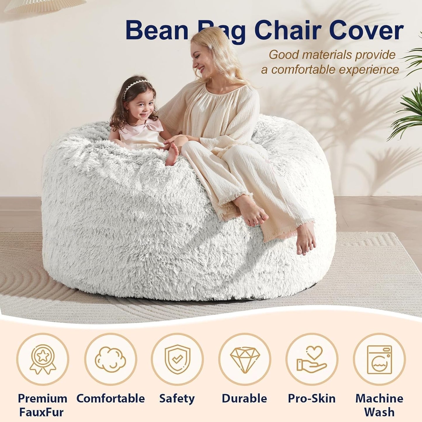 Giant Bean Bag Covers Only, Fluffy Stuffed Beanbag Chair Covers No Filler, Washable Bean Bags Cover for Adults, Stuffed Animal Bean Bag Anti-Slip, 6FT, White
