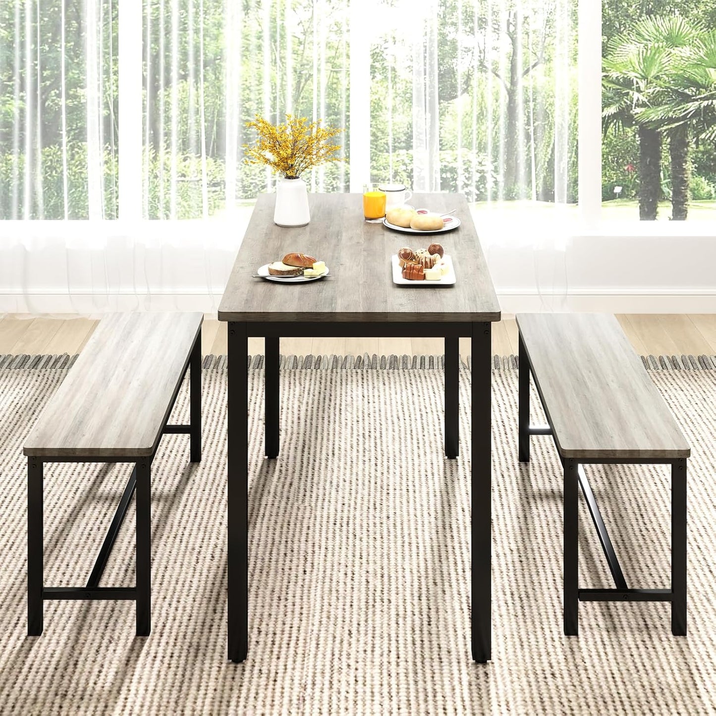 Rovibek Dining Table Set for 4 with 2 Benches – Space-Saving Kitchen Table Set for Kitchen & Dining Room, Grey