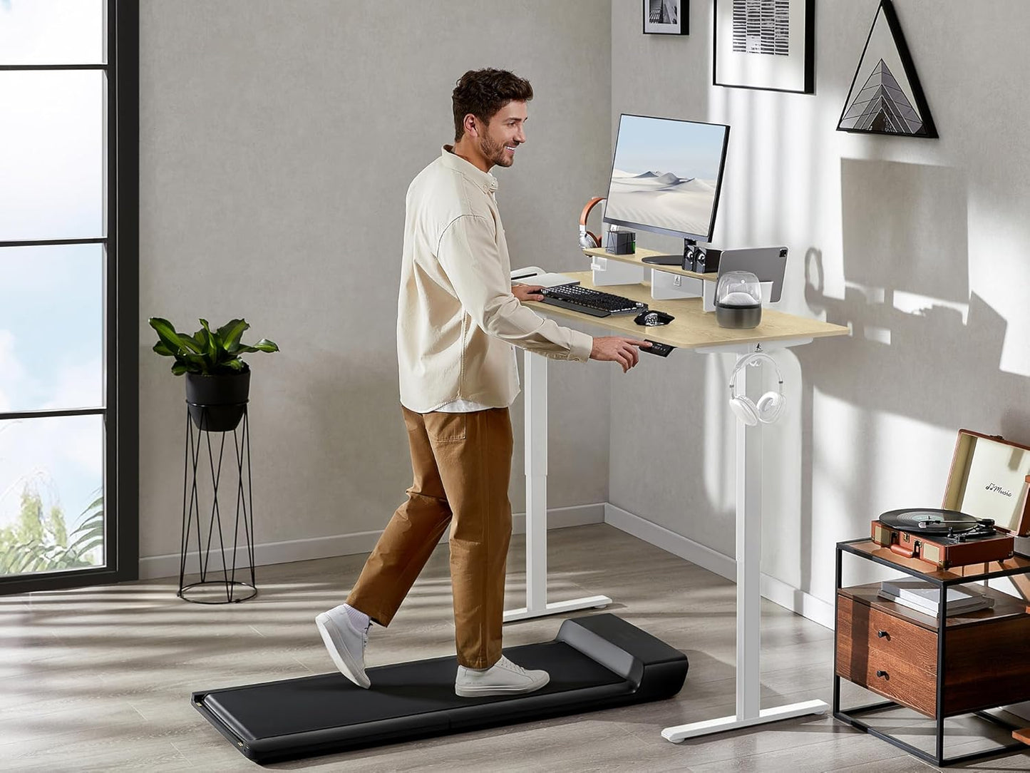 55x24 Inches Electric Standing Desk with Drawer and Monitor Stand, Height Adjustable Stand up Desk for Home Office, Ergonomic Sit to Stand Desk with Phone Holder, 3 Hooks, Oak