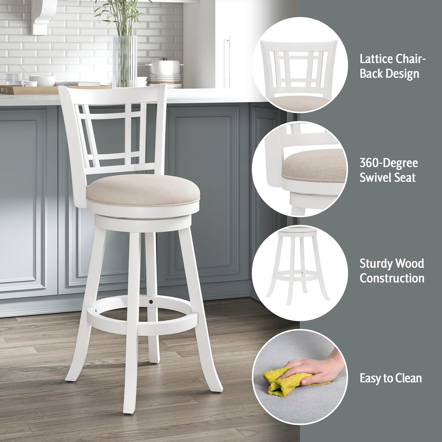 Hillsdale Fairfox Swivel Stool with Rectangular Lattice Back, Bar Height, White