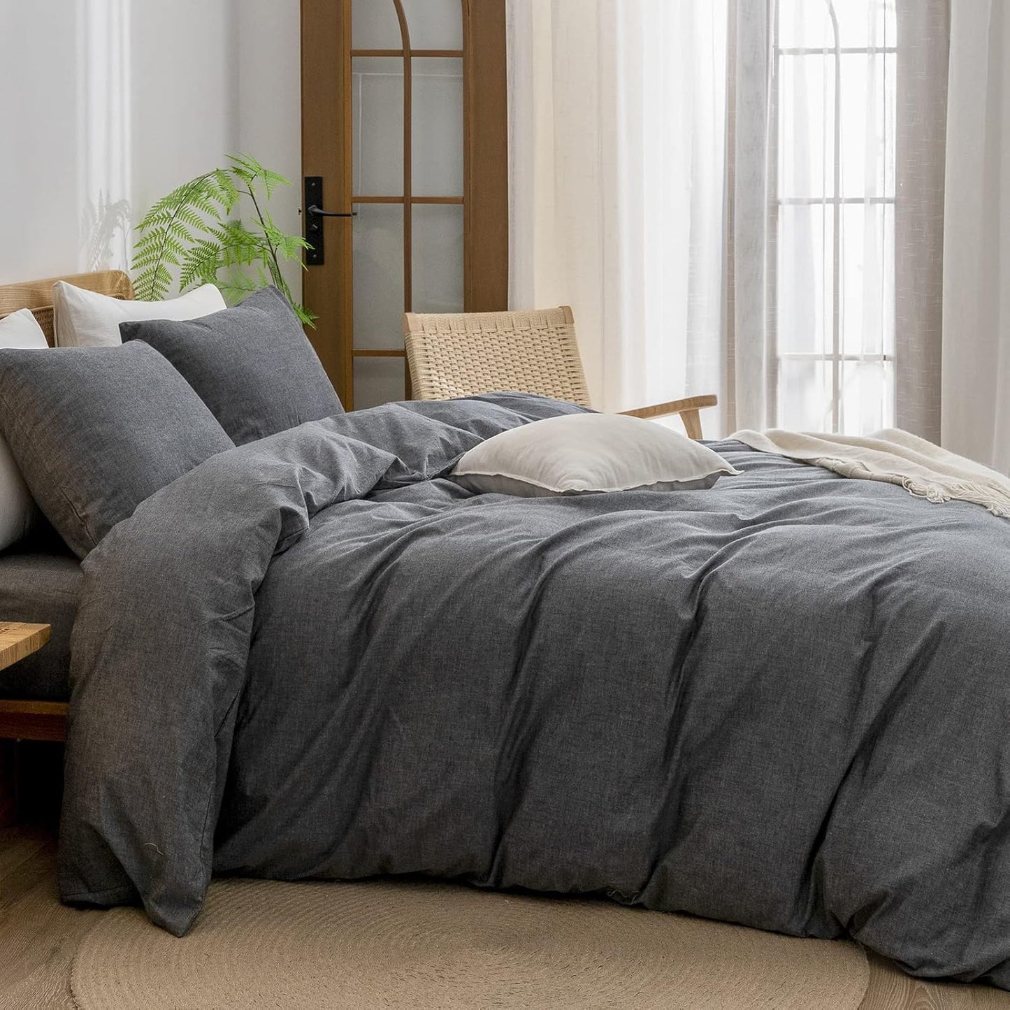 BESTOUCH Duvet Cover Set 100% Washed Cotton Linen Feel Super Soft Comfortable Chic Lightweight 3 PCs Home Bedding Set Solid Dark Black Queen