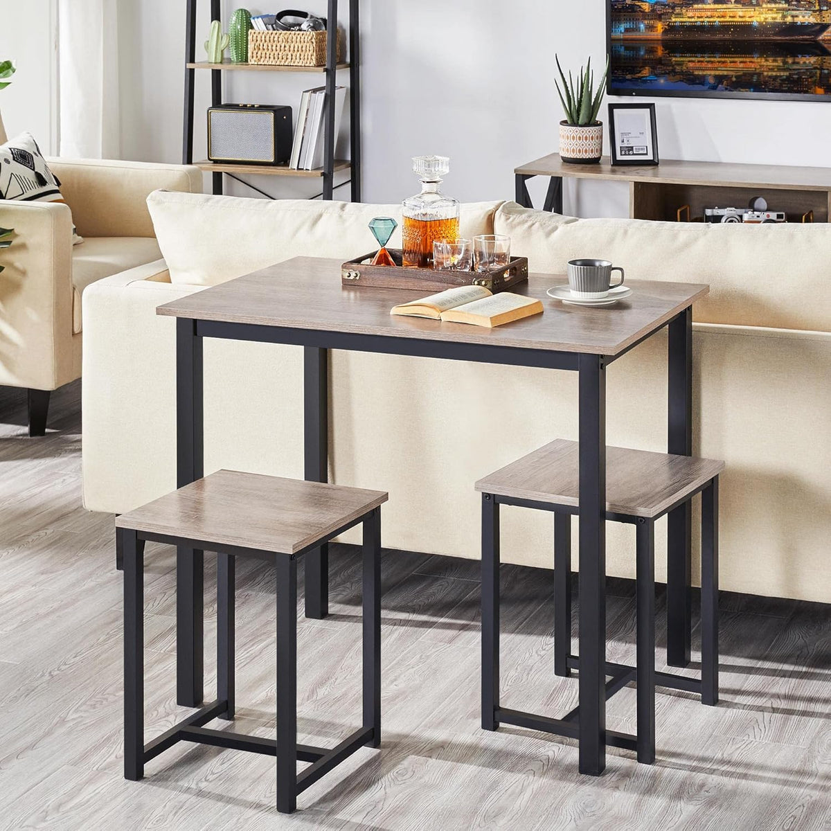 Yaheetech 3 Piece Dining Table Set - Kitchen Table & Chair Sets for 2 - Compact Table w/ 2 Stools & Space Saving Design for Dining Room Living Room Kitchen, Gray