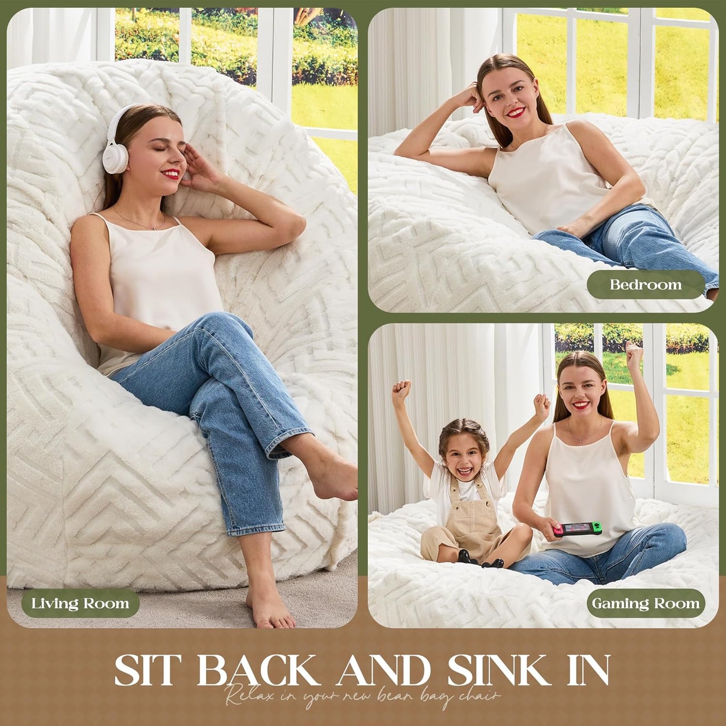 Hobestluk Bean Bag Chairs Adults Beanbag Chair with Filler Large Bean Bags with Fluffy Embossed Cover, Giant Bean Bag Chairs for Adults (White, 6FT - 70" x 70" x 15")