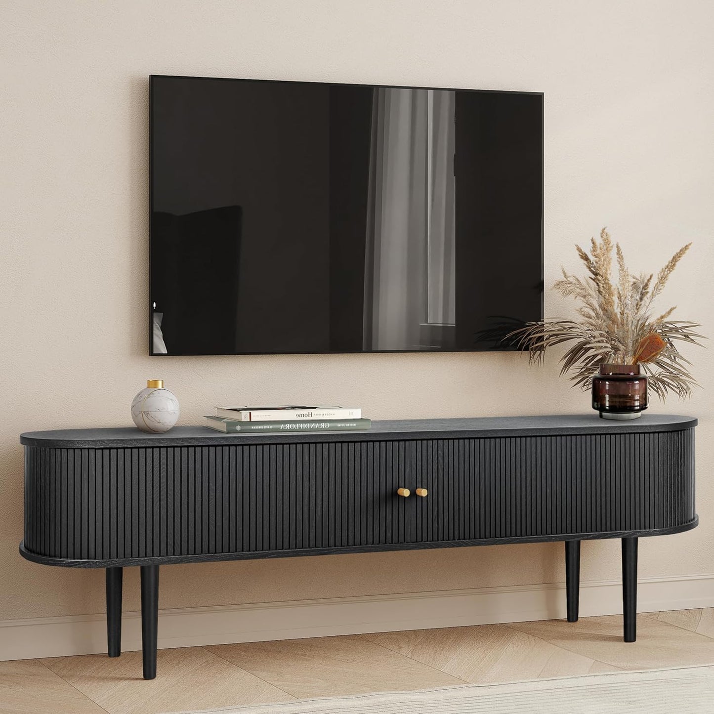 WERMO 71’’ Black TV Stand with Storage and Shelves for 65-75 Inch TVs. Black Entertainment Center with Doors for Living Room and Bedroom, Mid Century Modern Console Table, Media Cabinet (Black Oak)