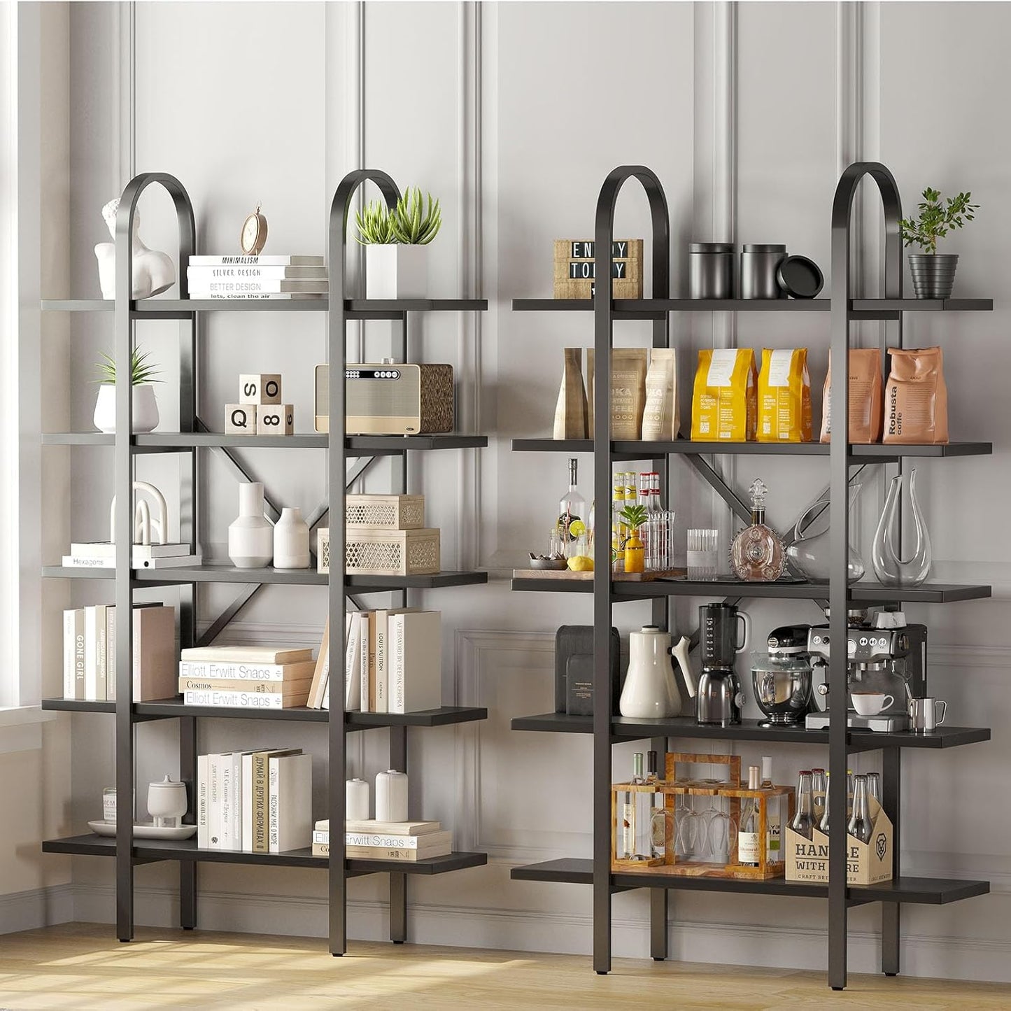 Wide Bookshelf Arched Bookcase, Industrial 5 Tier Open Book Shelves with Metal Frame, 72" Tall Freestanding Heavy Duty Display Rack for Home Office, Living Room,Black,Easy Assembly