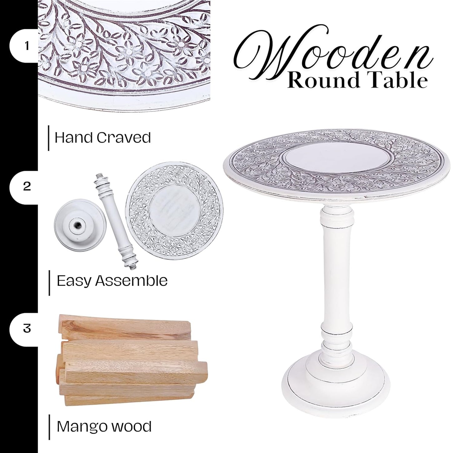 The Wooden Town Antique White Round Coffee Table – 18x22 Wood Accent Side Table for Living Room, End Table for Books & Plants, Small Altar Table