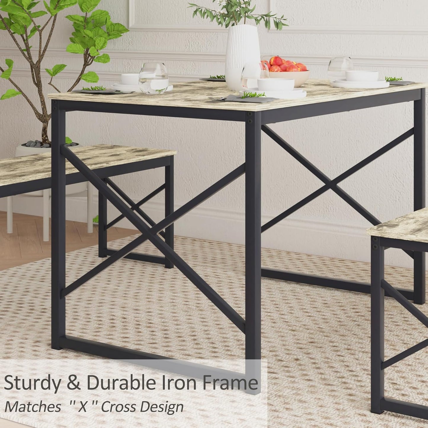 VECELO Kitchen Table with 2 Benches for 4, 43.3'' Wood Dining Room Dinette Sets with Metal Frame for Breakfast Nook and Small Space, Grey