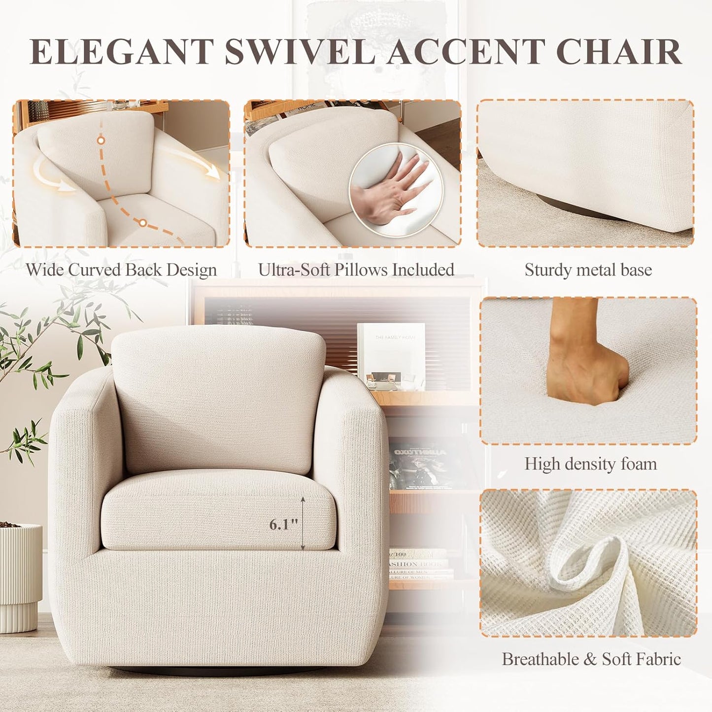 COLAMY 360° Swivel Accent Chair with Pillow - Comfy Living Room Armchair No-Sag Foam & Sturdy Metal Base, Fully Assembled Swivel Accent Single Sofa for Bedroom Living Room, Office, Beige